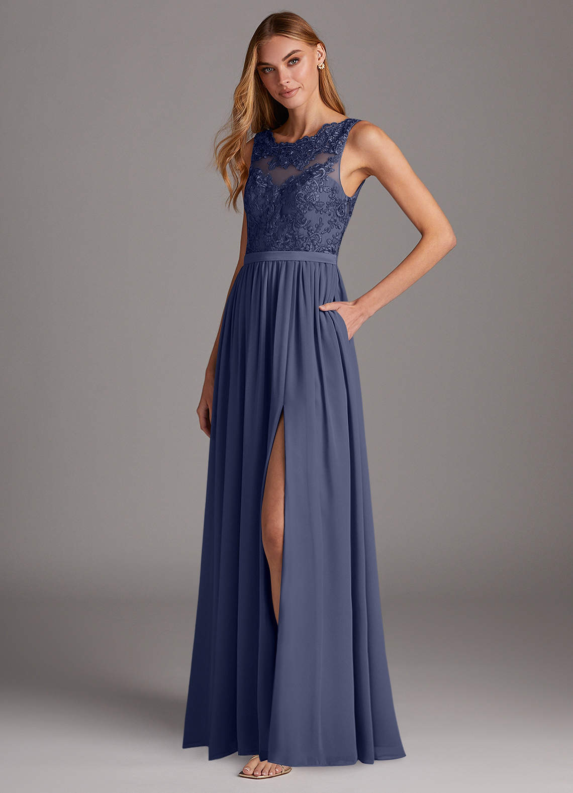 Azazie Elly Bridesmaid Dresses Stormy A-Line Lace Scoop Neck Chiffon Dress image1