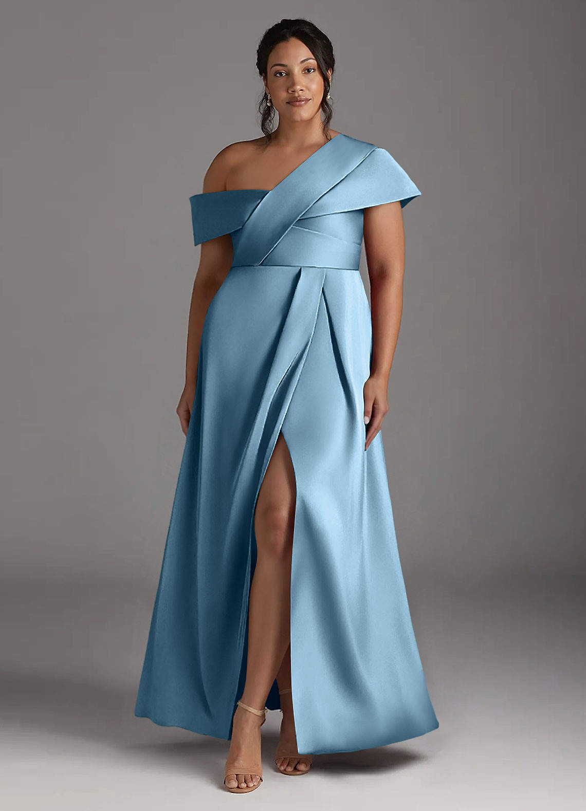 Azazie Milton Mother of the Bride Dresses Steel Blue A-Line Pleated Stretch Satin Dress image1