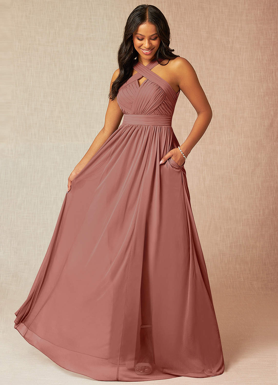 Azazie Hillian Bridesmaid Dresses Cedar Rose A-Line Halter Pleated Mesh Dress image1
