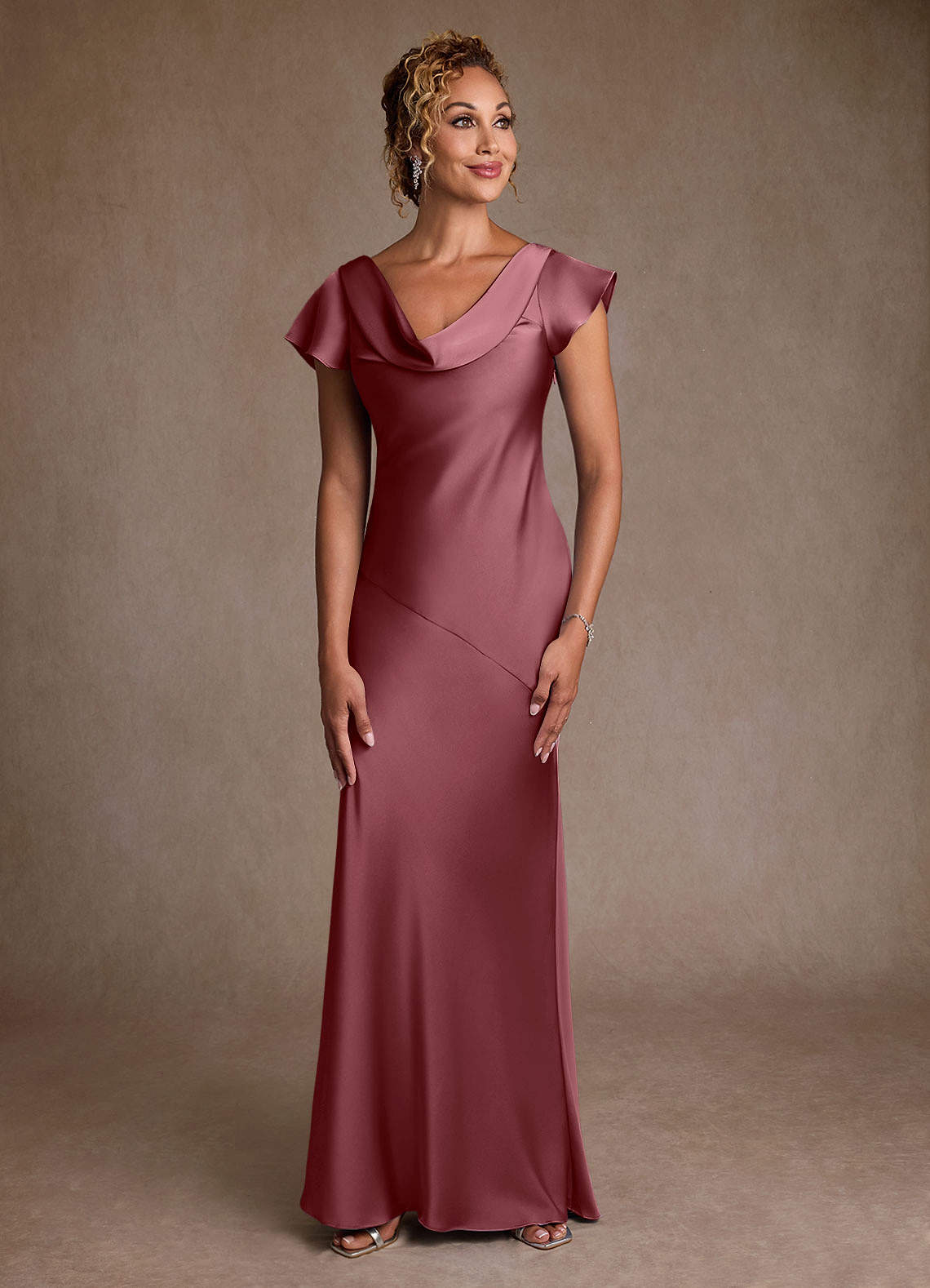 Azazie Shelby Mother of the Bride Dresses Desert Rose Mermaid Pleated Stretch Satin Dress image1