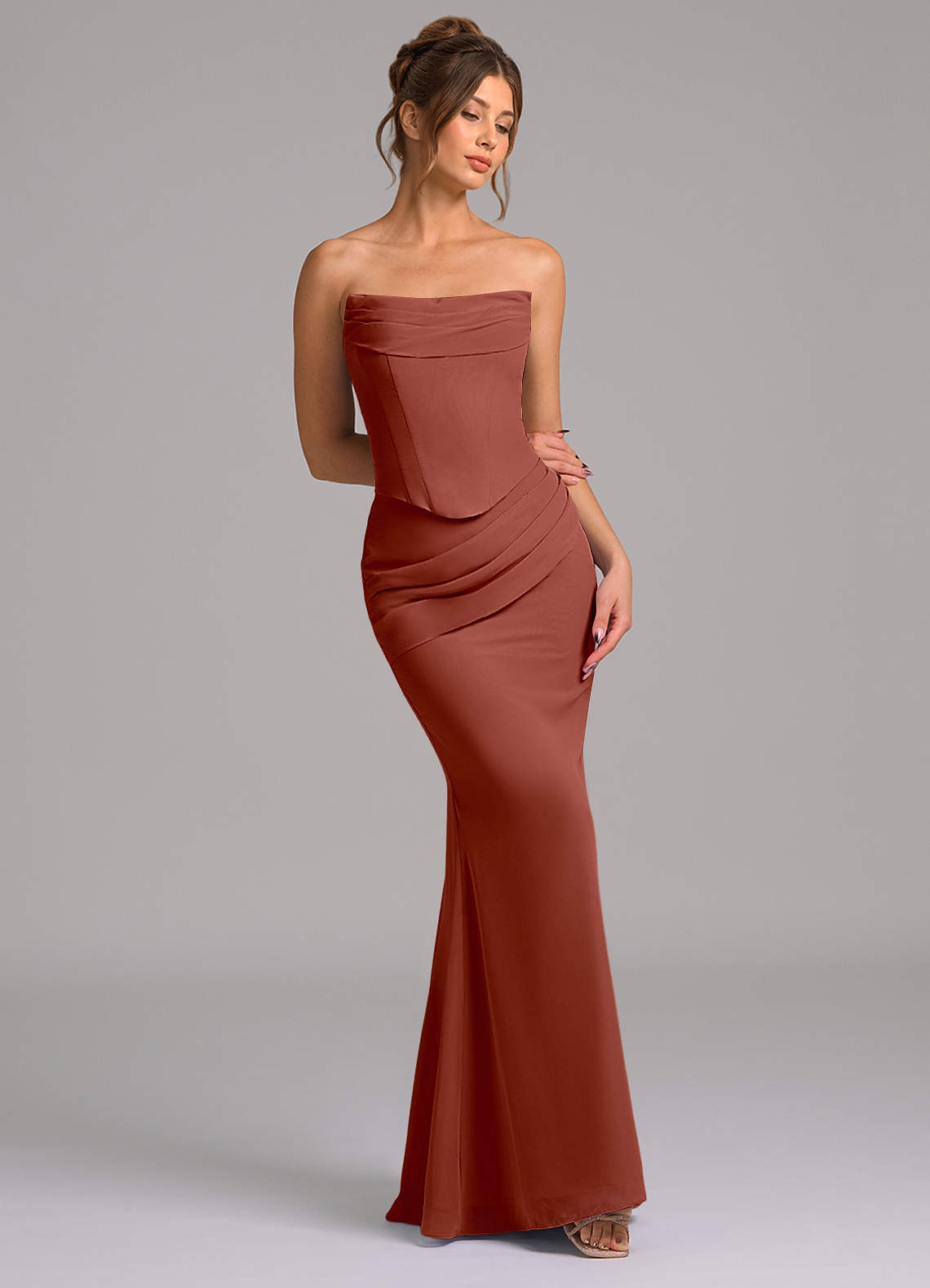 Azazie Sorrel Vestidos de madrinha de casamento Vestido Castanho Aloirado de Chiffon de sereia com Espartilho image6