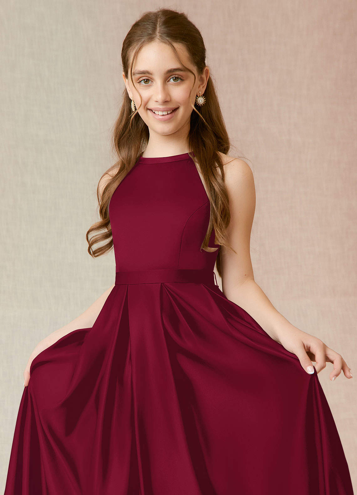 Azazie Arianthe Junior Burgundy A-Line with Pockets Stretch Satin Dress image4