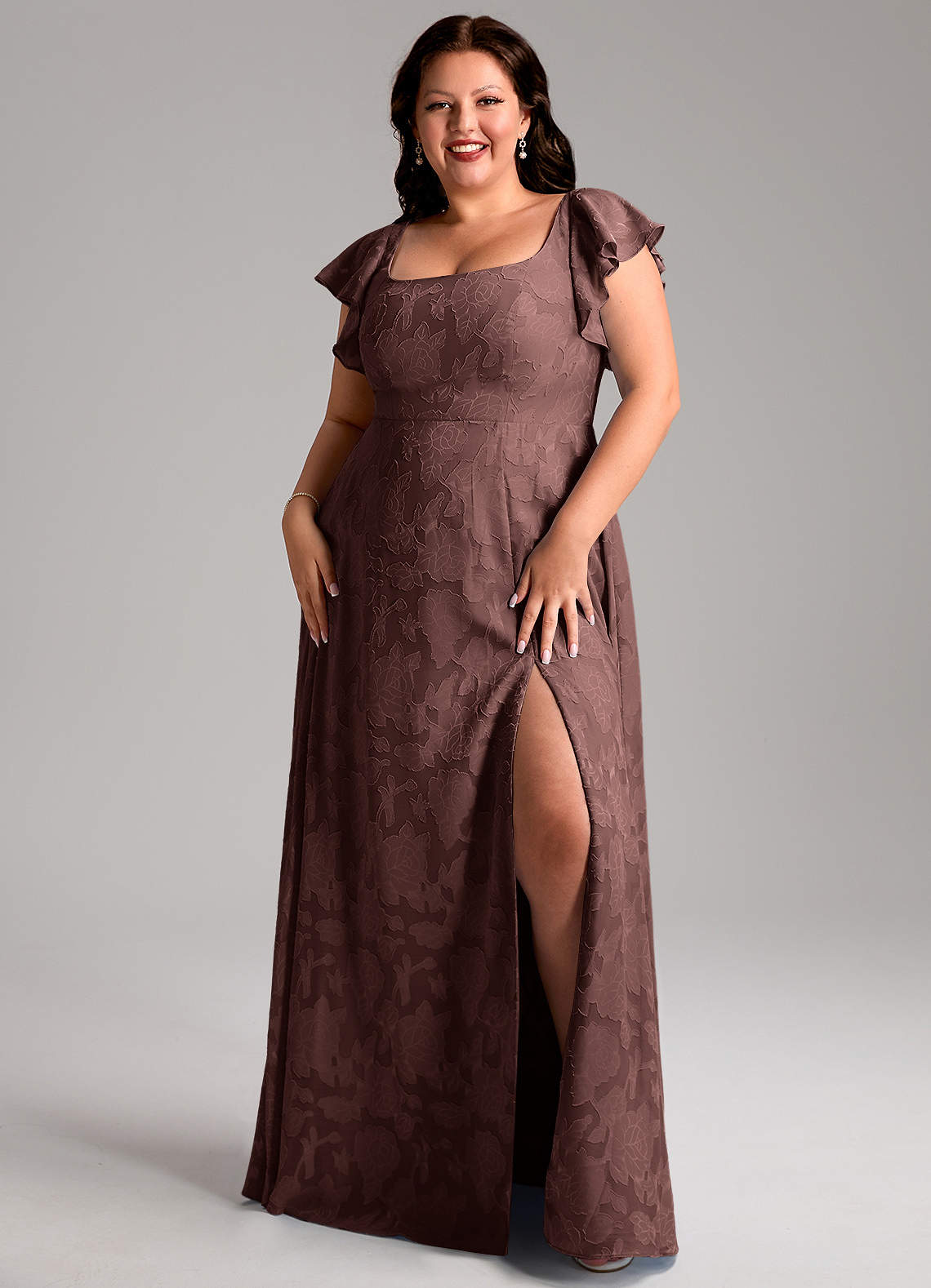 Azazie Bondi Bridesmaid Dresses Espresso A-Line Side Slit Floral Burnout Dress image1