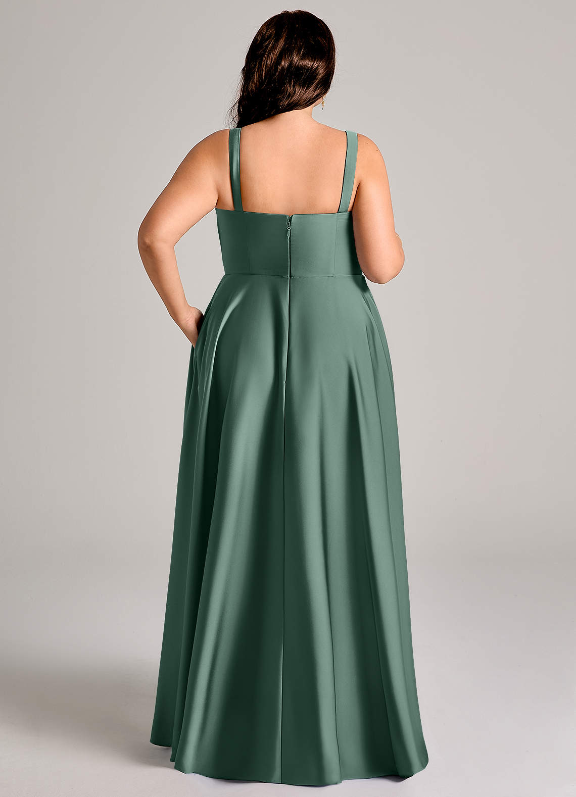 Azazie Shaude Bridesmaid Dresses Eucalyptus A-Line Pleated Stretch Satin Dress image12