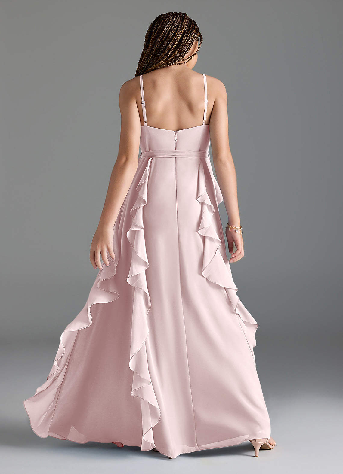 Azazie Peyton Junior Blushing Pink A-Line V-Neck Cascading Ruffles Chiffon Dress image4