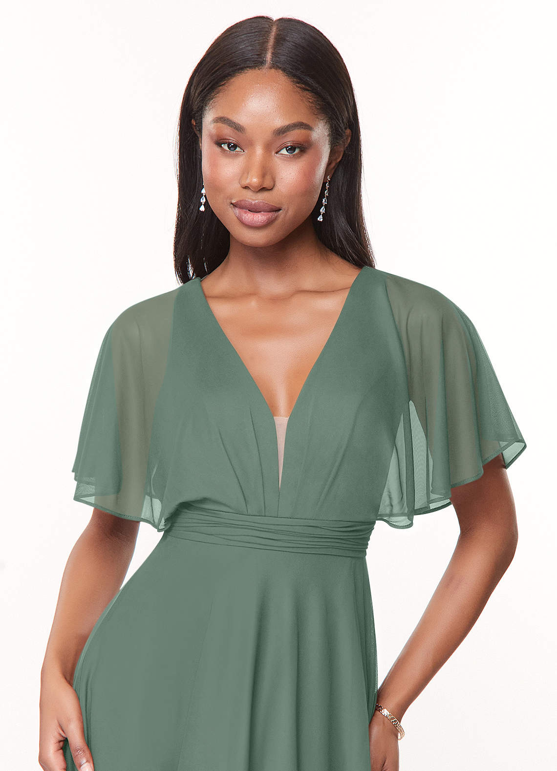 Azazie Tinsley Bridesmaid Dresses Eucalyptus A-Line Pleated Mesh Dress image4