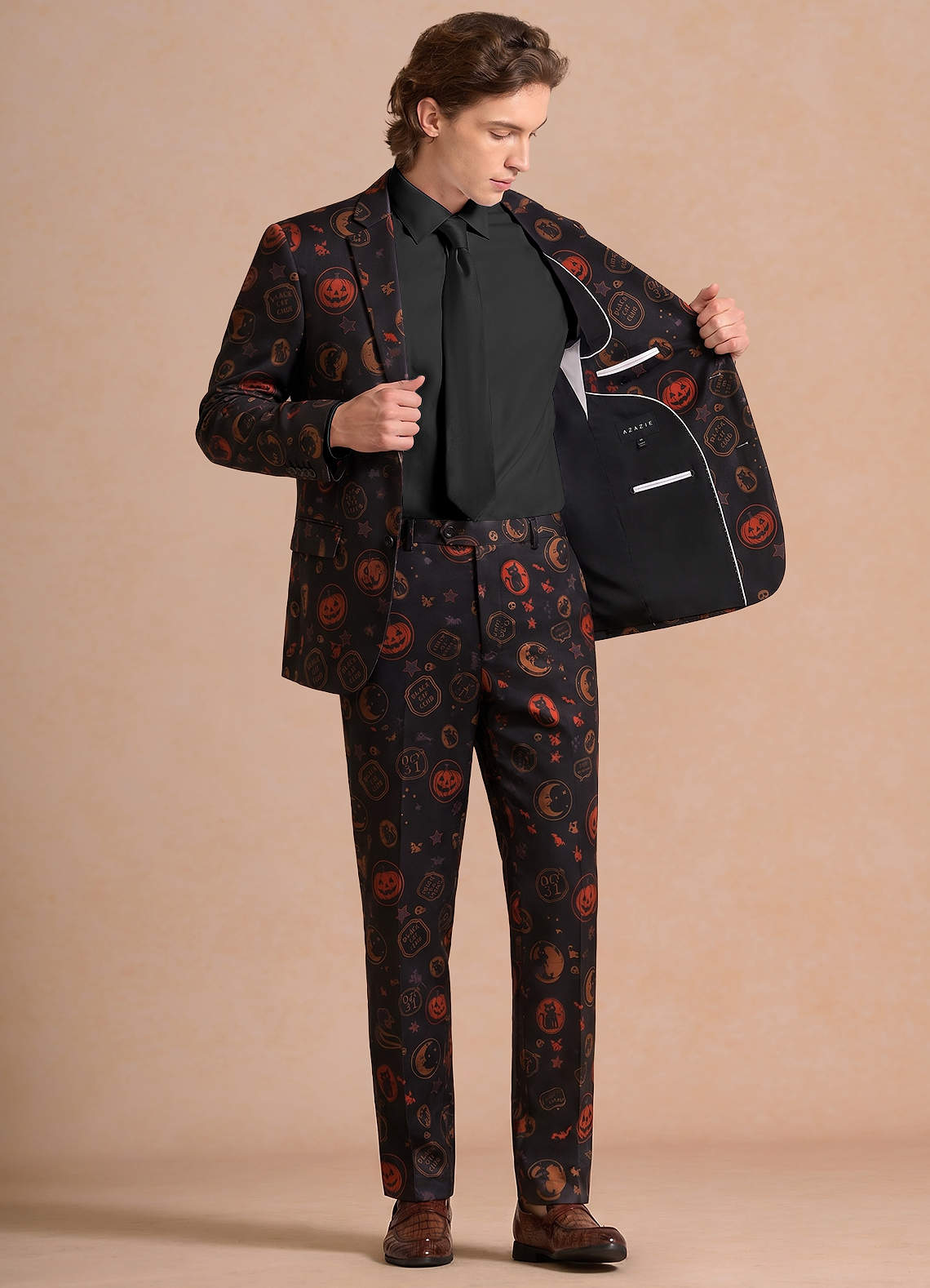 front Caleb Black Vintage Halloween Print 3-Piece Suit