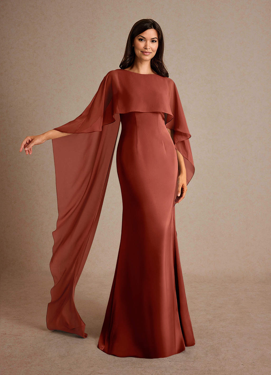 Azazie Milfred vestidos de madre de la novia Vestido de Terracota de Satén Elástico de Recto con Cuello de barco image3