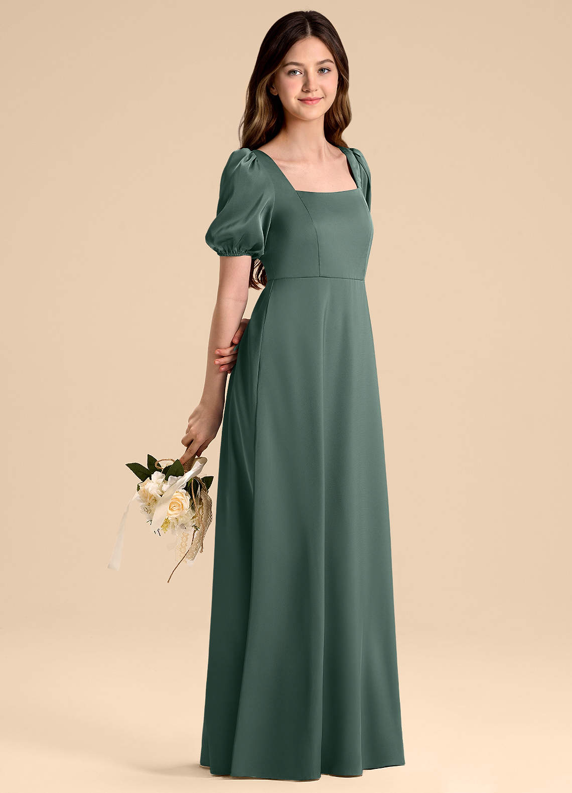 Azazie Briar Junior Vestido de Musgo Marino de Satén Elástico de Corte en A con Lazo image1