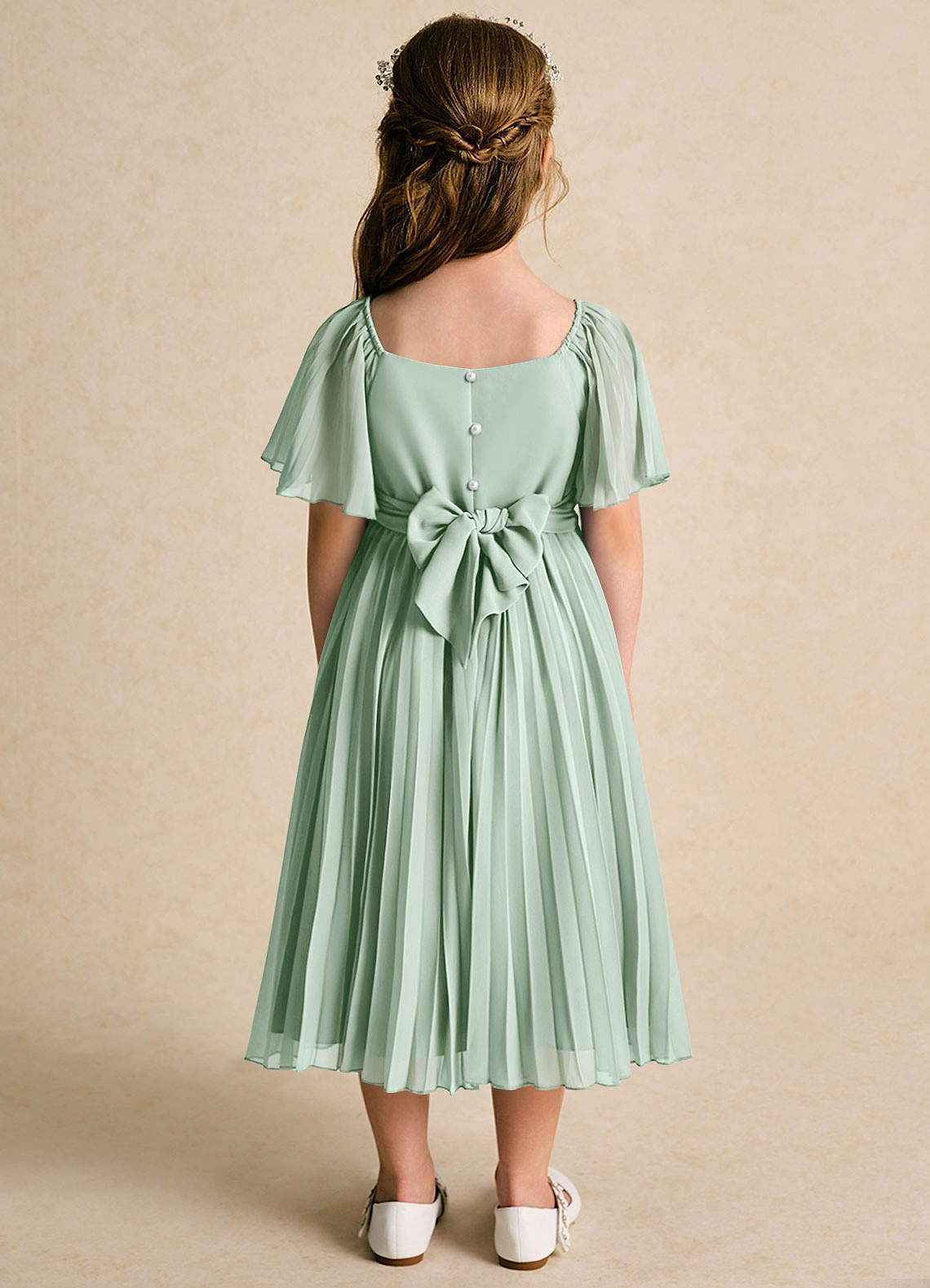 Azazie Gisele Abiti da Ragazza di Fiori Abito A-Line in Chiffon Plissettato Agave image5