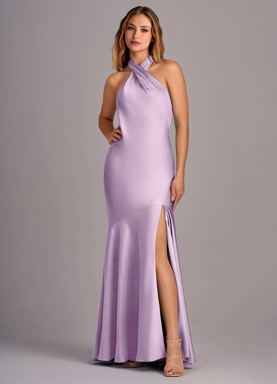 Azazie Lorena Bridesmaid Dresses Frosted Lilac Mermaid Pleated Stretch Satin Dress image1