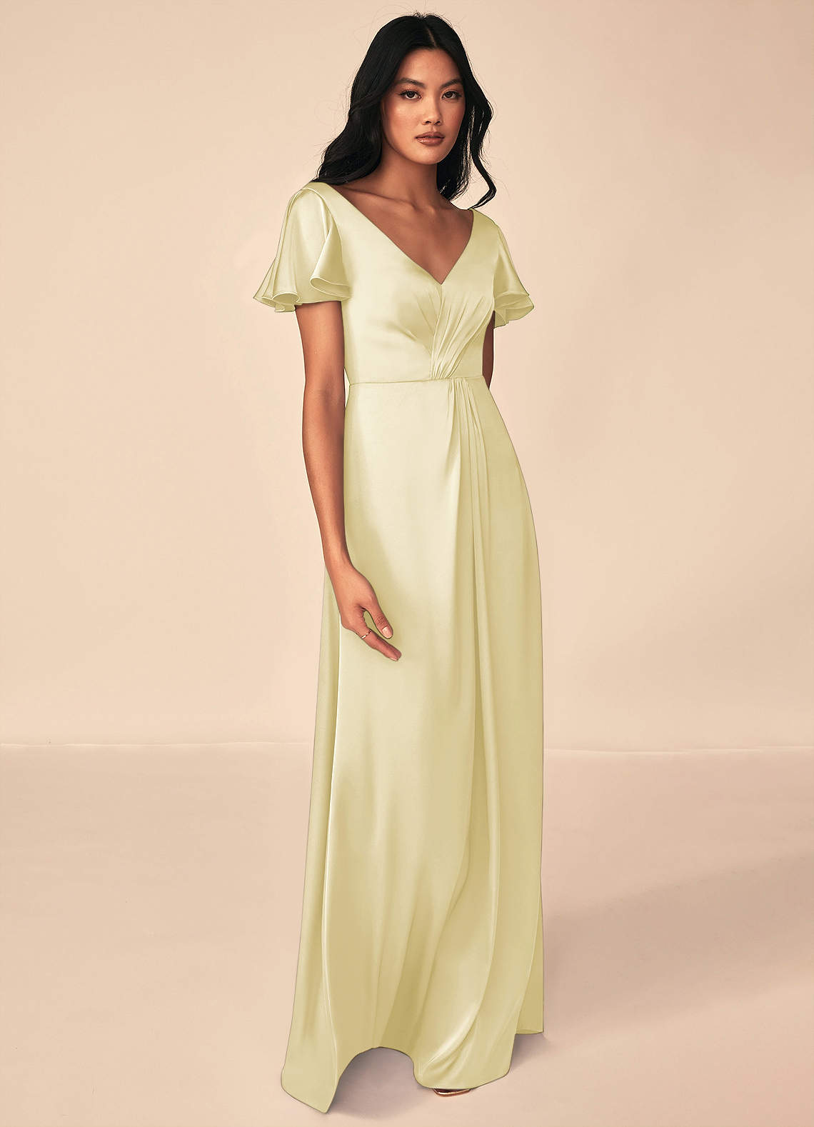 Azazie Soren At-home Try On Dresses Auburn A-Line Pleated Stretch Satin Dress image3