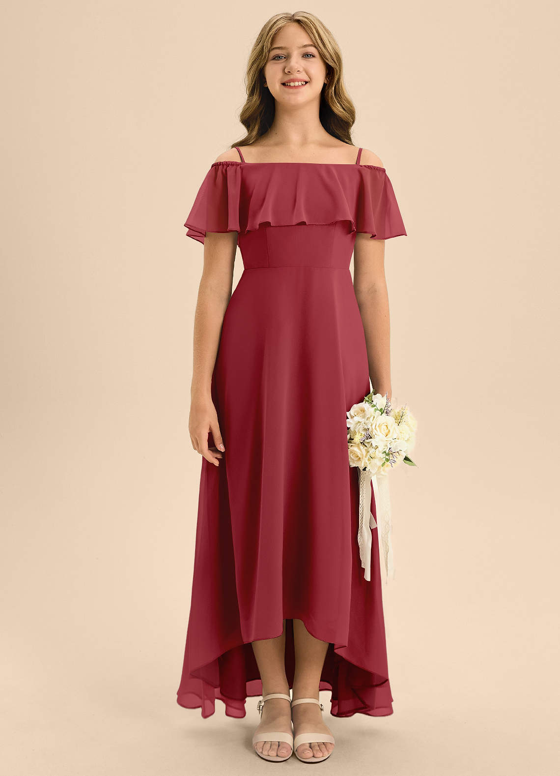 Azazie Maggie Junior A-Linie Schulterfrei Chiffon Kleid Granatapfelrot image1