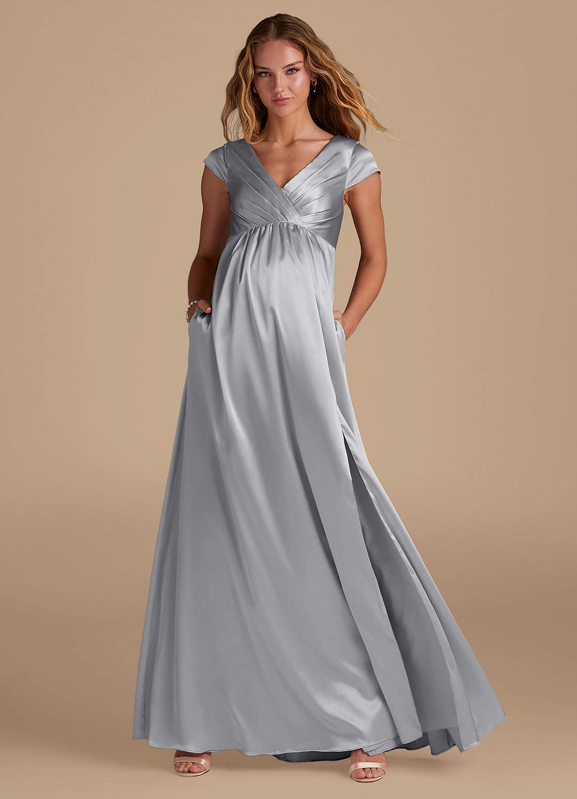 Azazie Allessia Maternity Bridesmaid Dresses A-Line Metallic Satin Floor-Length Dress image1