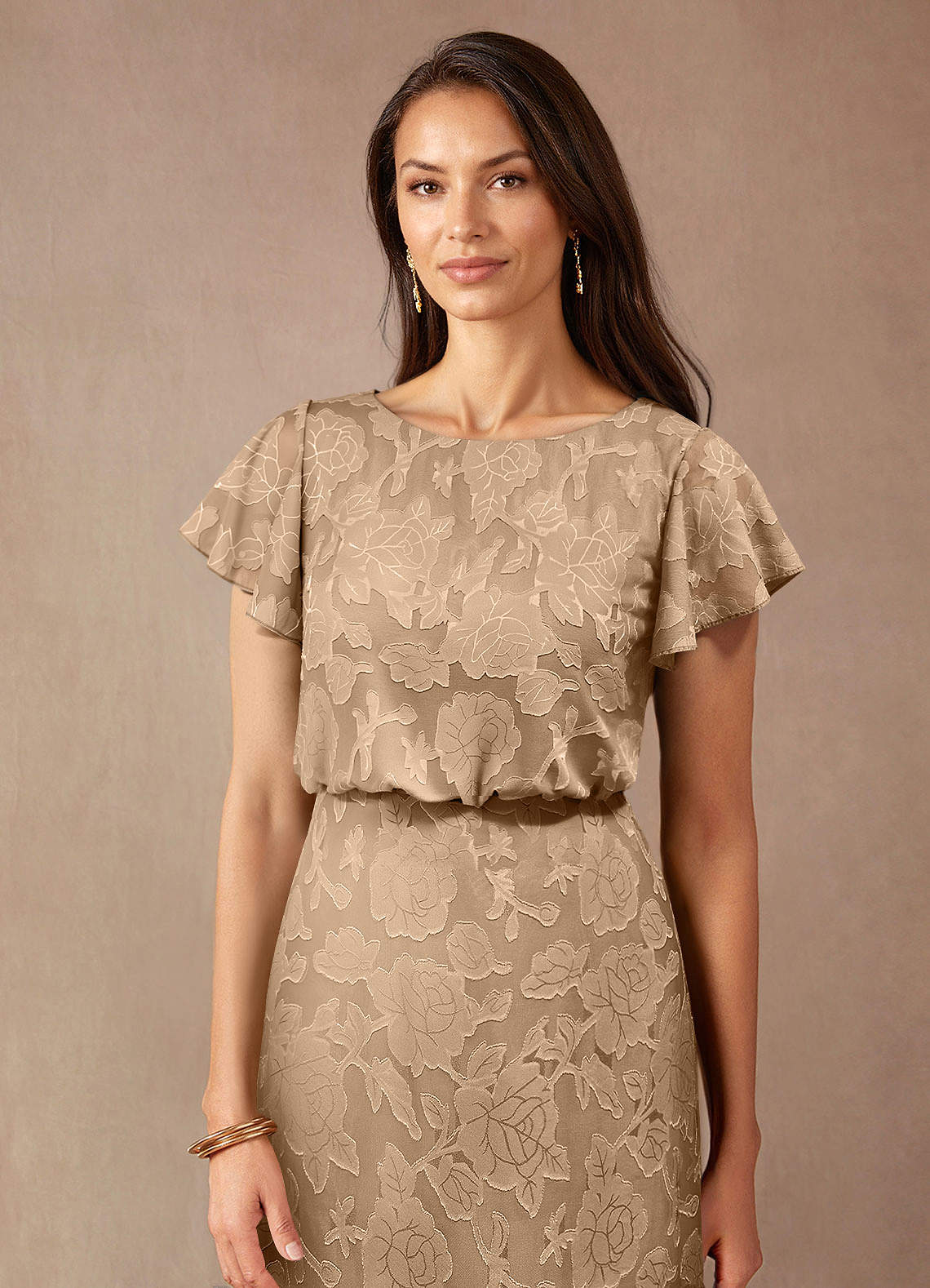 Azazie Lehi vestidos de madre de la novia Vestido de Champán de Devorado Floral de Corte En A con Cuello de barco image4