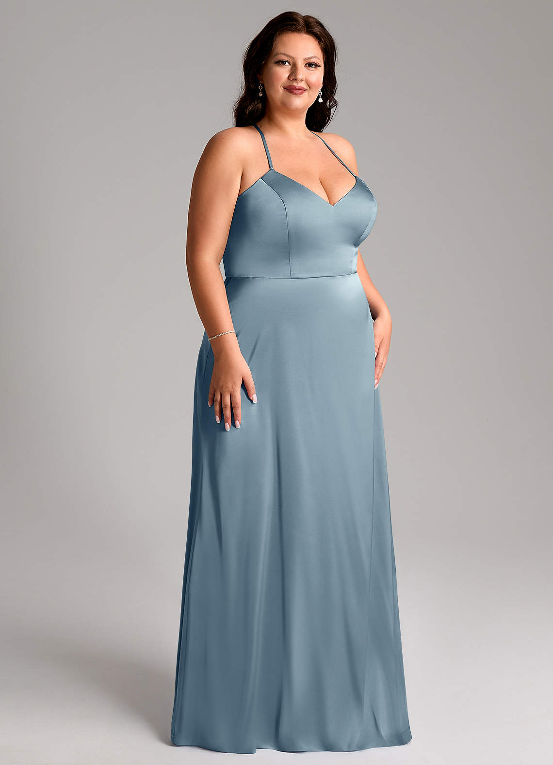 Azazie Mei Bridesmaid Dresses Dusty Blue A-Line V-Neck Stretch Satin Dress image9