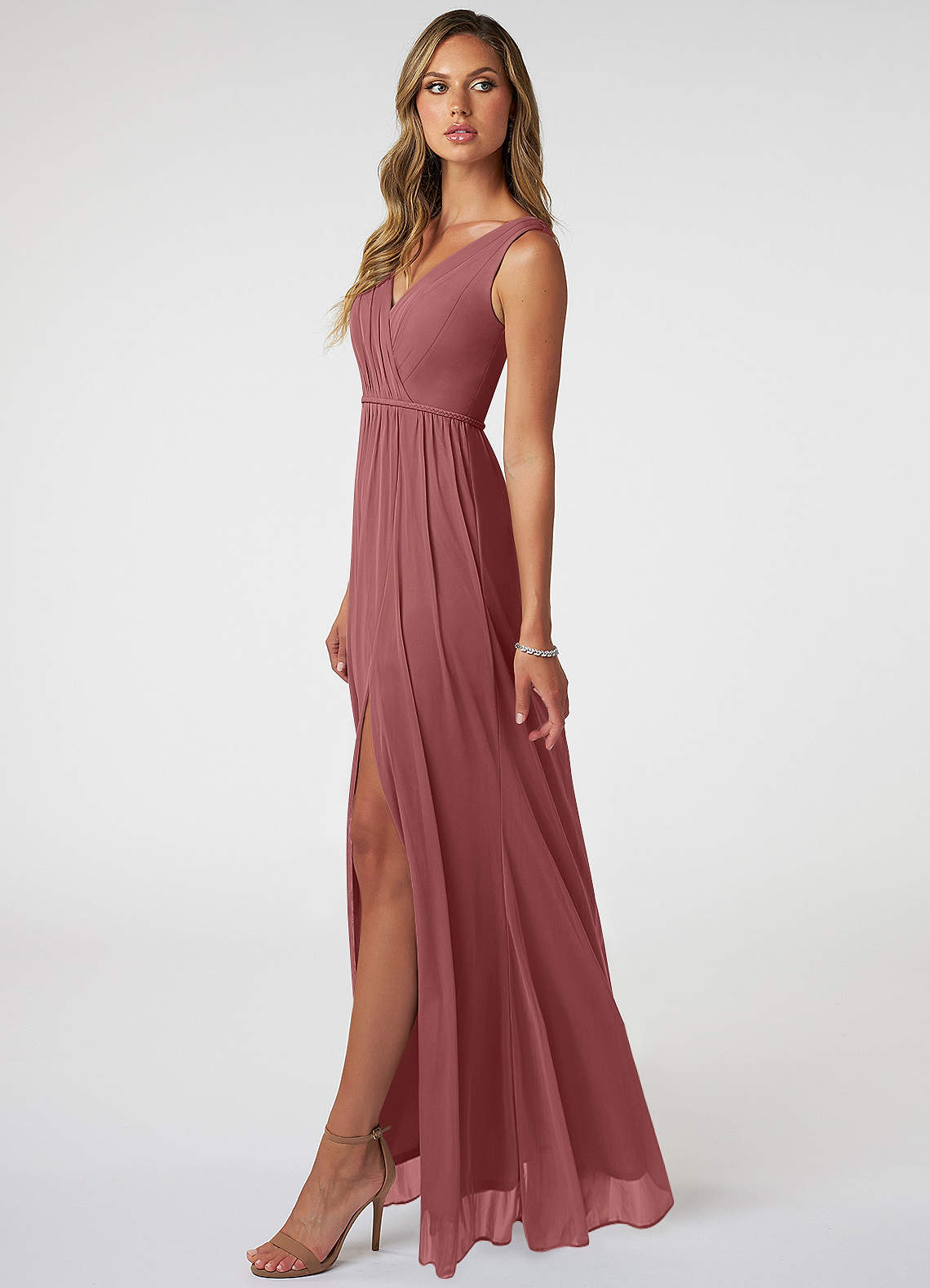 Azazie Tanicia Bridesmaid Dresses Amethyst A-Line V-Neck Pleated Mesh Dress image2