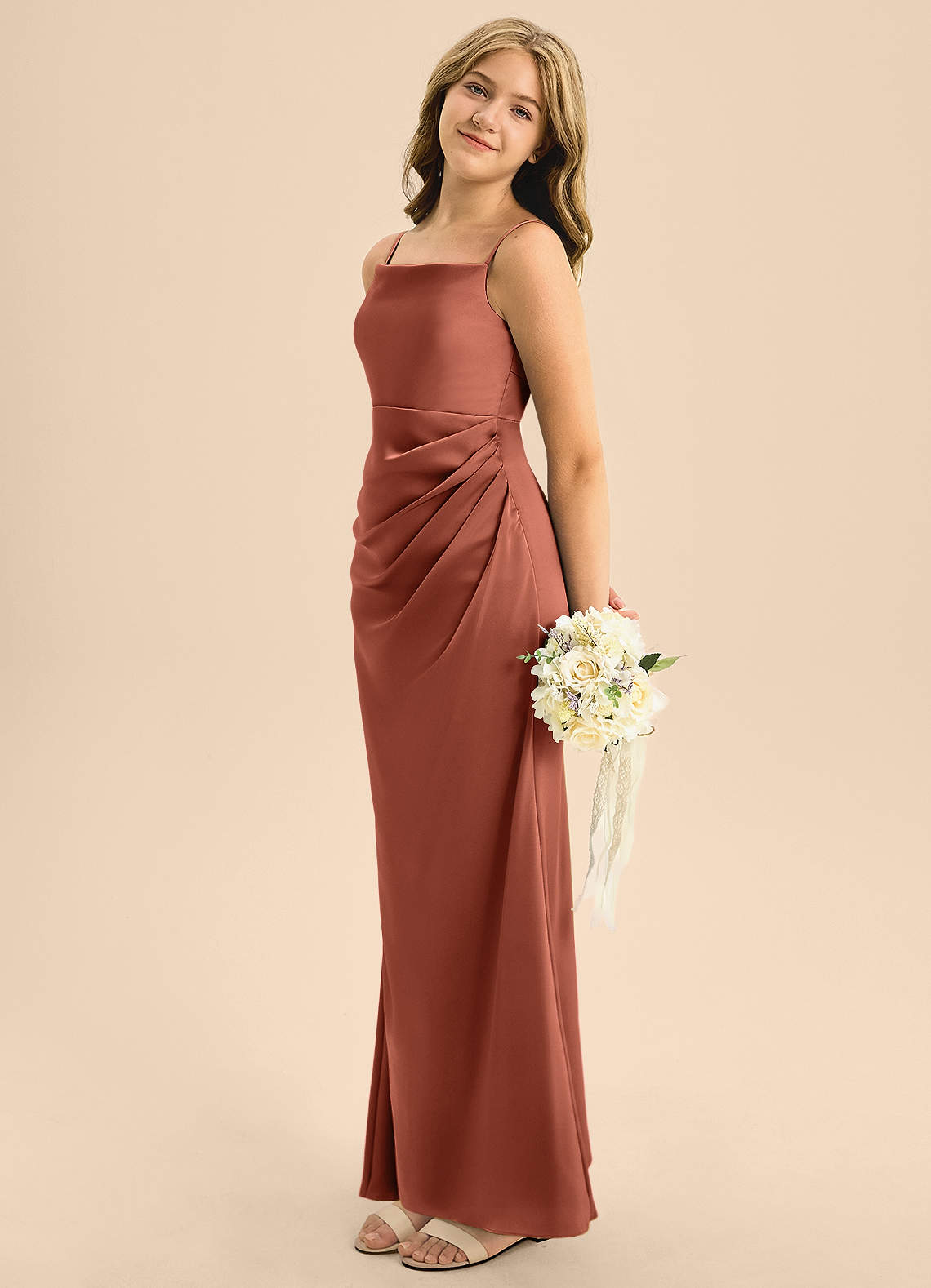 Azazie Renna Junior Clay A-Line Pleated Stretch Satin Dress image1