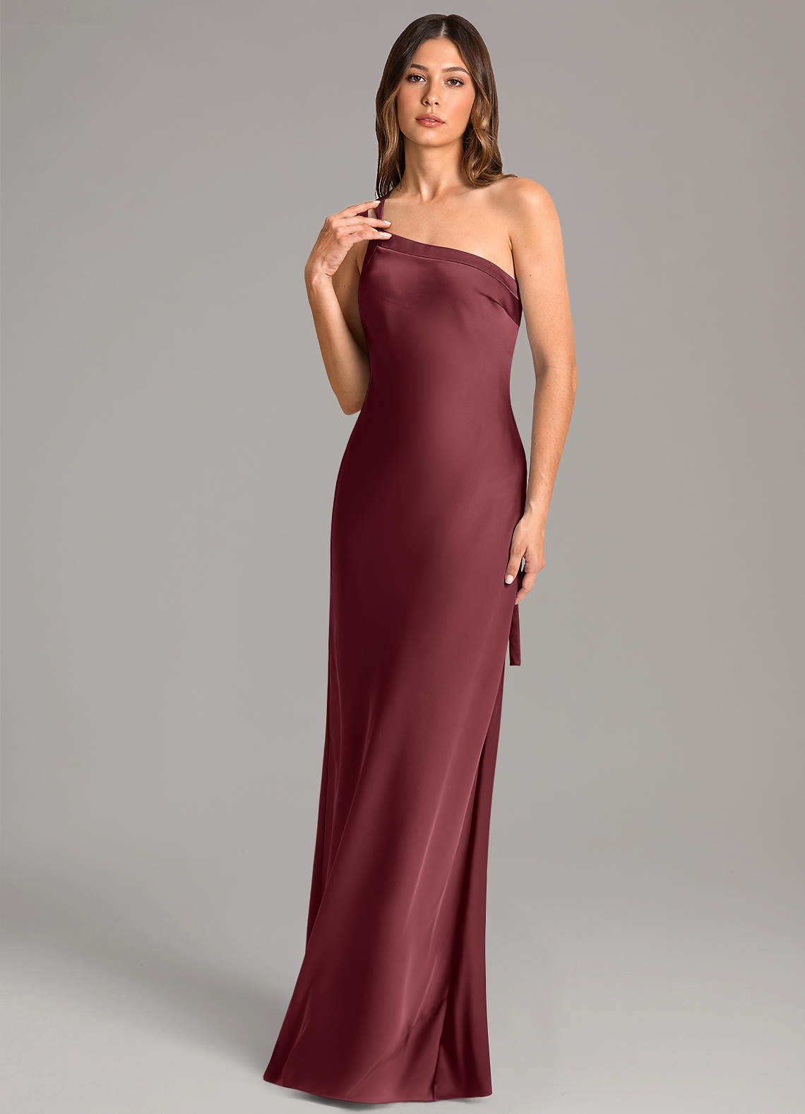 Azazie Monroe Bridesmaid Dresses Merlot Mermaid One Shoulder Stretch Satin Dress image1