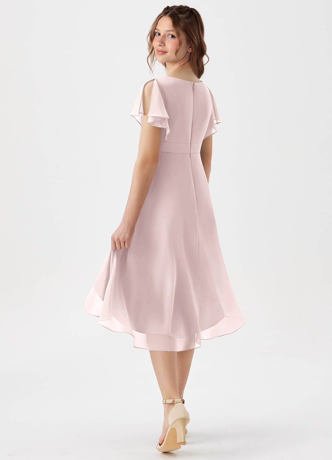 Azazie Graciela Junior Vestido Rosa Corado de Chiffon de Linha A com Plissado image5