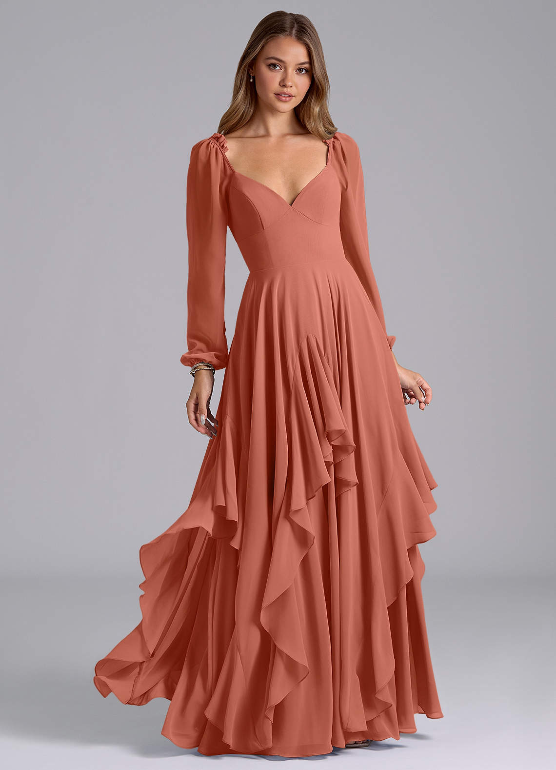 Azazie Karan Bridesmaid Dresses Clay A-Line Long Sleeve Chiffon Dress image1