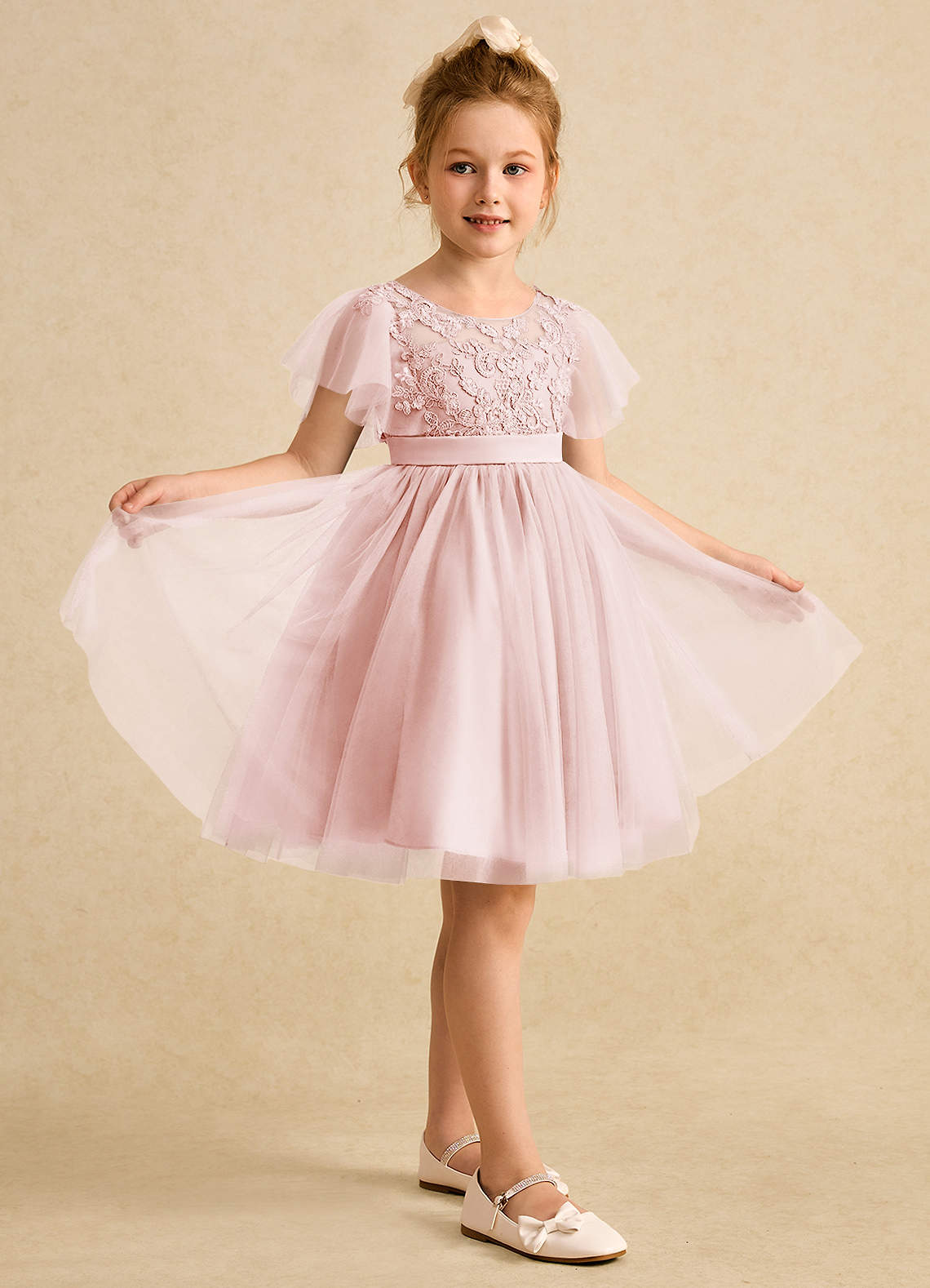 Azazie Queenie Flower Girl Dresses Blushing Pink A-Line Lace Dress image4