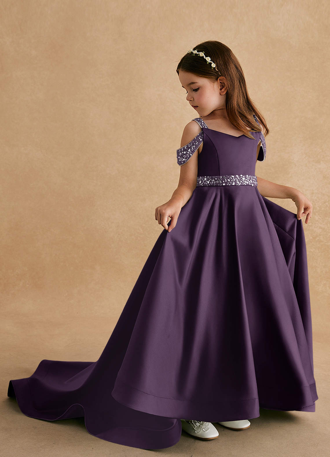 Azazie Jodi Flower Girl Dresses Plum A-Line Matte Satin Dress image1
