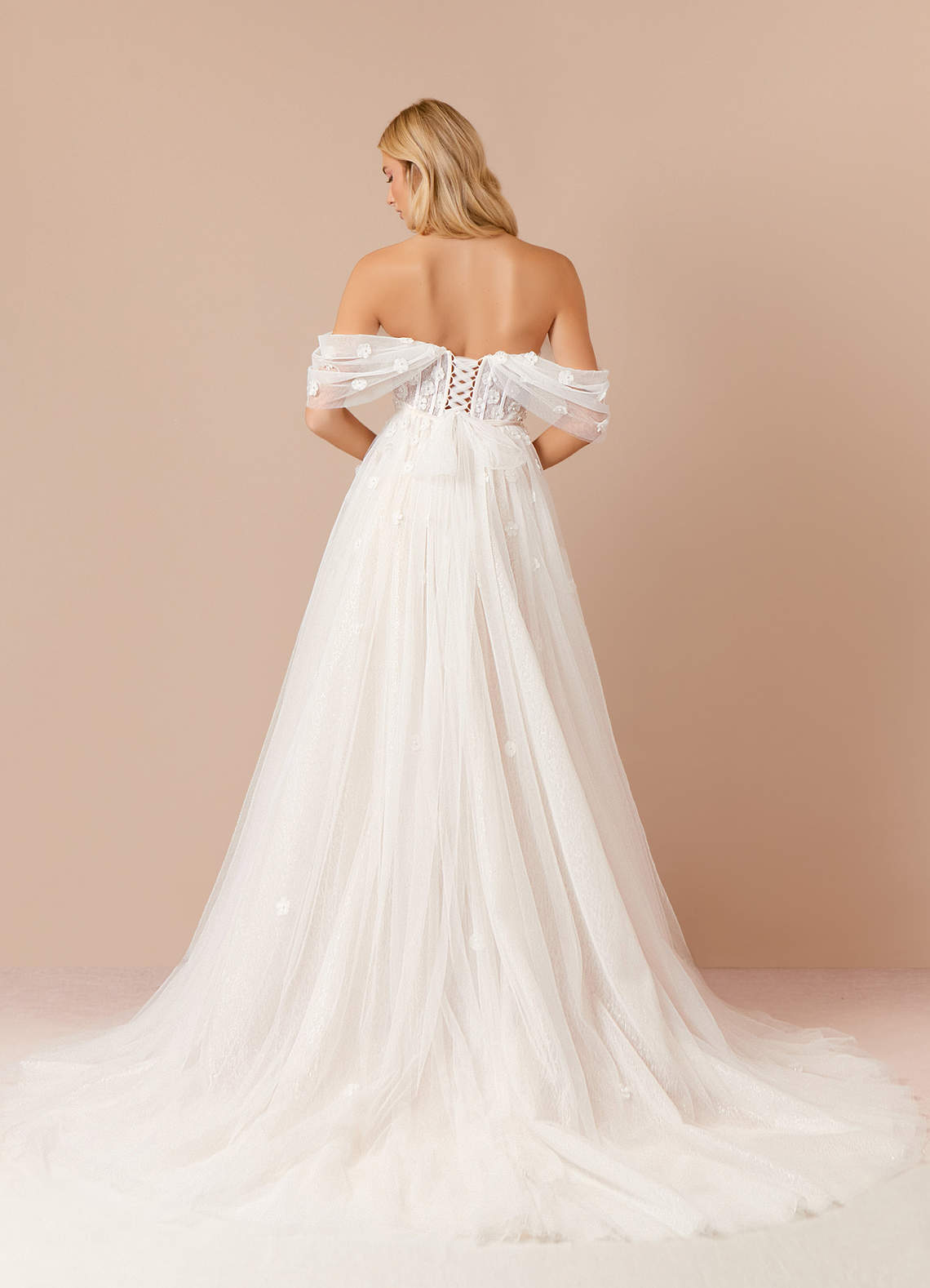 Azazie Airellie At-home Try On Dresses Diamond White Champagne A-Line Off the Shoulder Tulle Dress image4