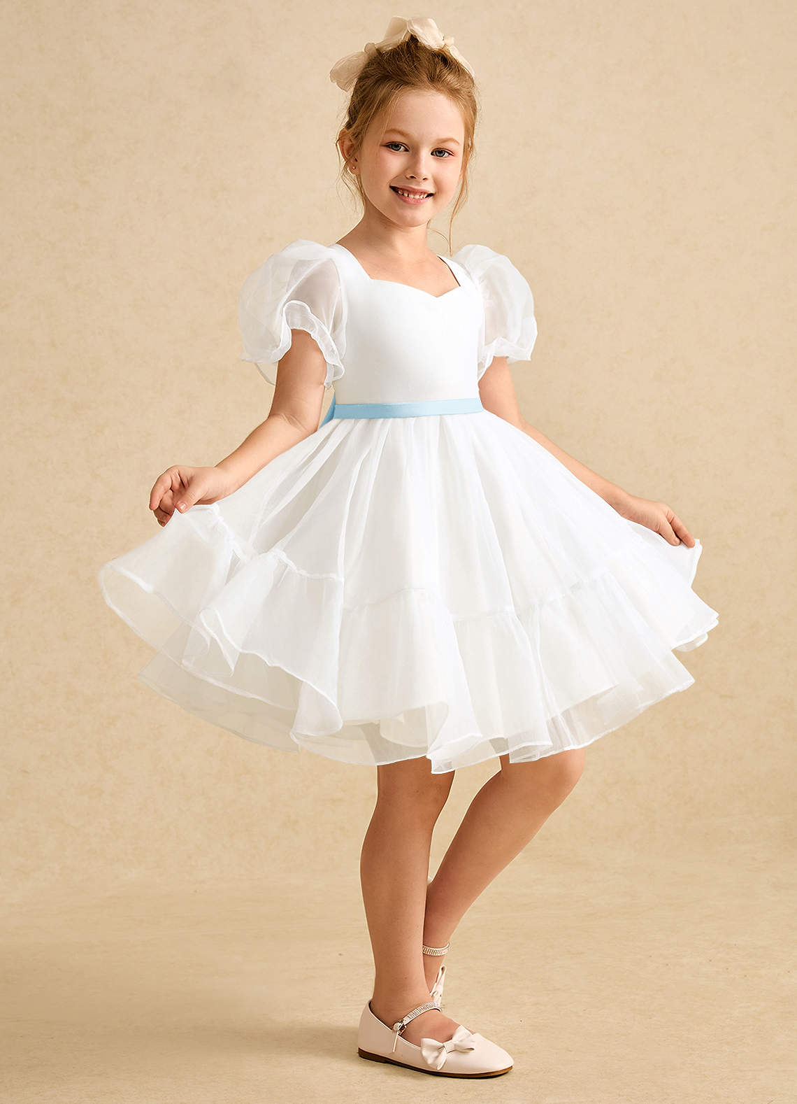 Azazie Debbie vestidos de niña de las flores Vestido de Marfil Azul Cielo de Organza de Princesa con Escote de Corazón image4