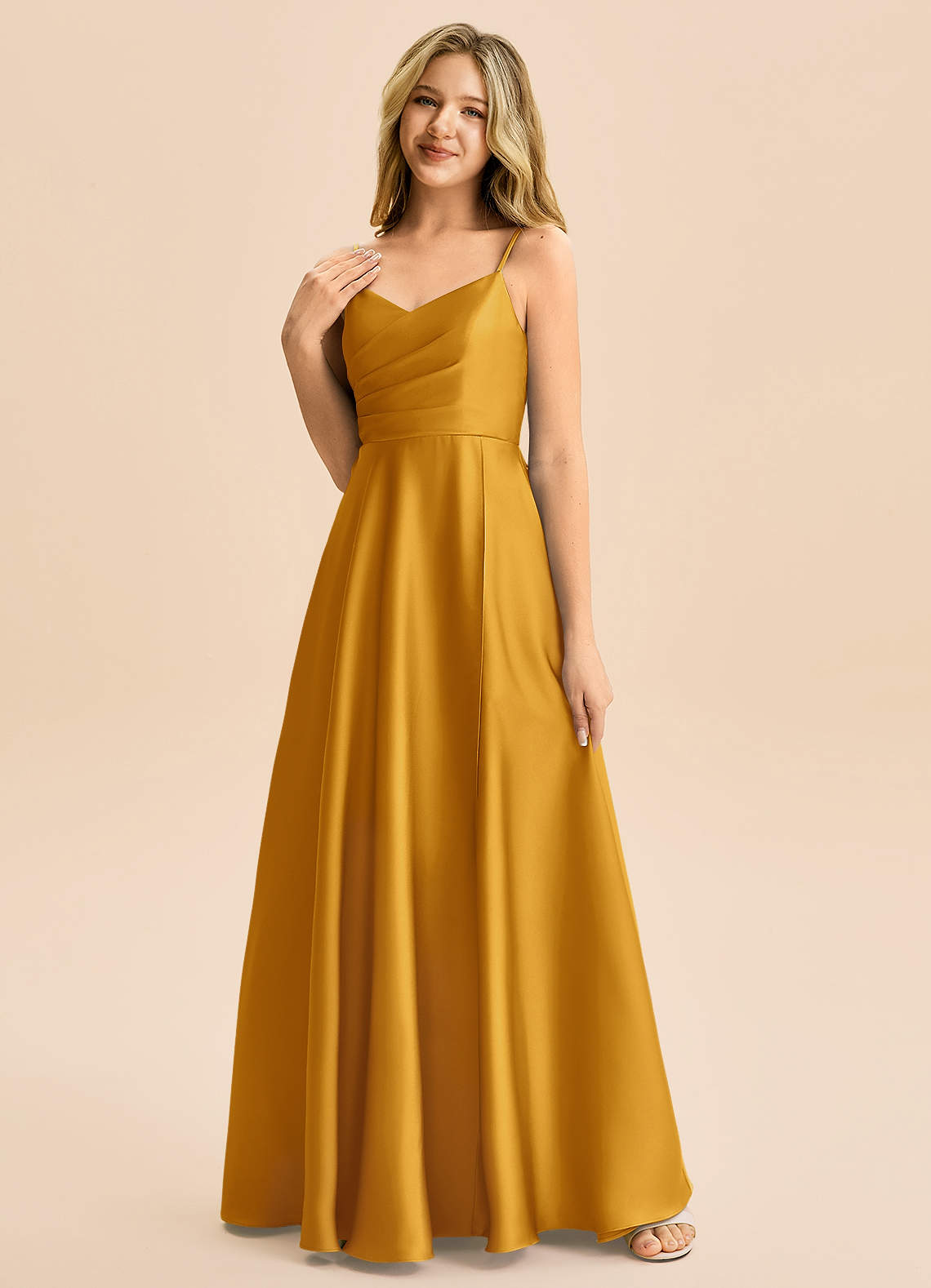 Azazie Rumi Junior Klä av A-Line i Stretch Satin Plisserad image2