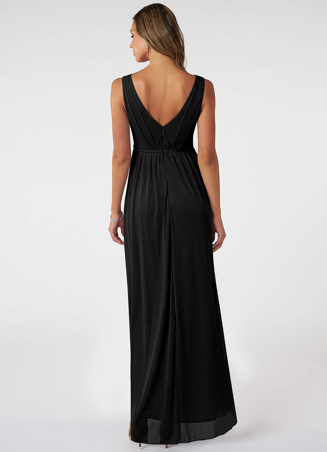 Azazie Tanicia Bridesmaid Dresses Black A-Line V-Neck Pleated Mesh Dress image1