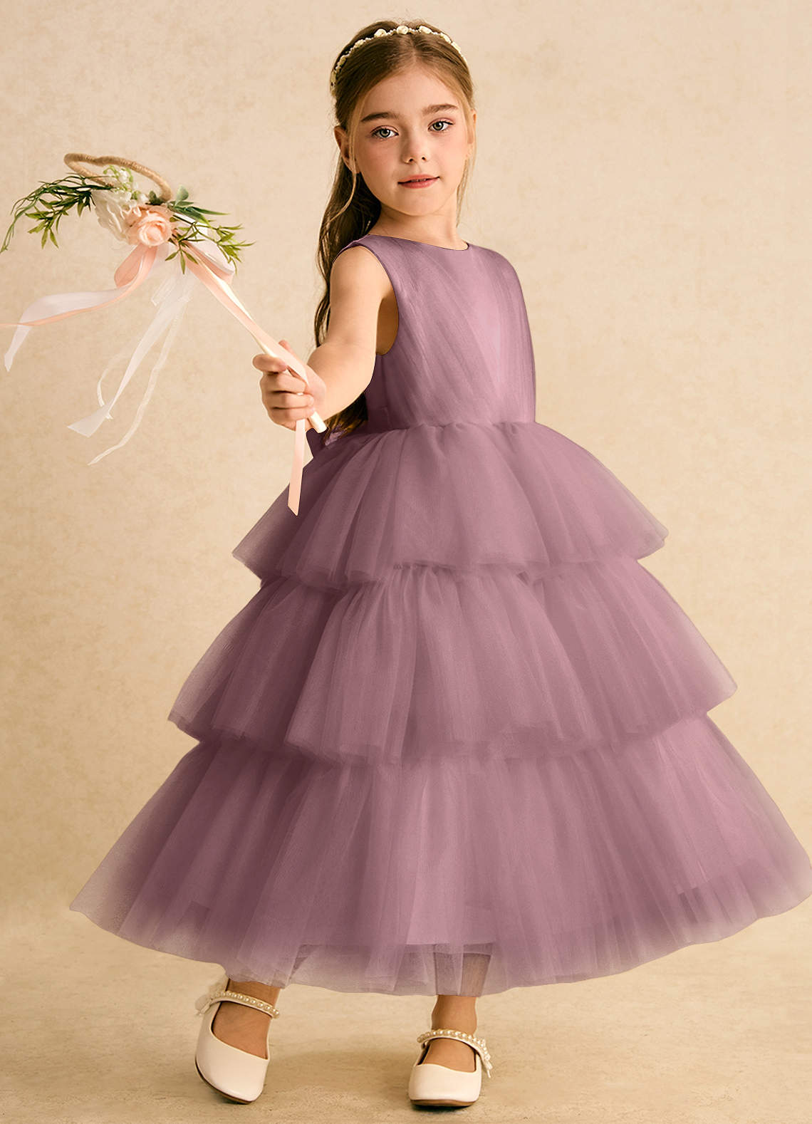 Azazie Marshmallow Jurken voor bloemenmeisjes Baljurk Jurk van Tule Boog Vintage Mauve image1