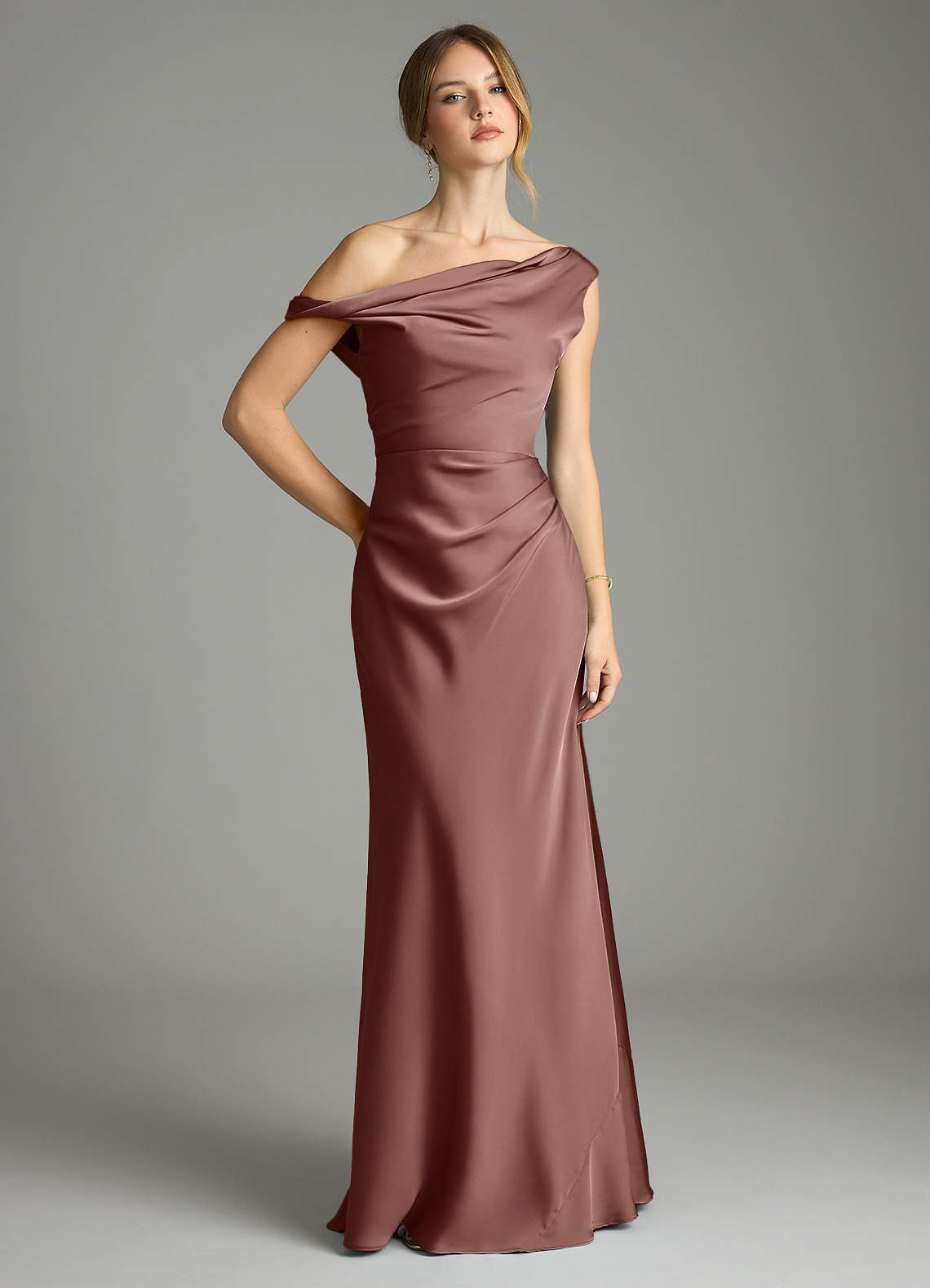 Azazie Emerson Bridesmaid Dresses Espresso Mermaid Off the Shoulder Stretch Satin Dress image1