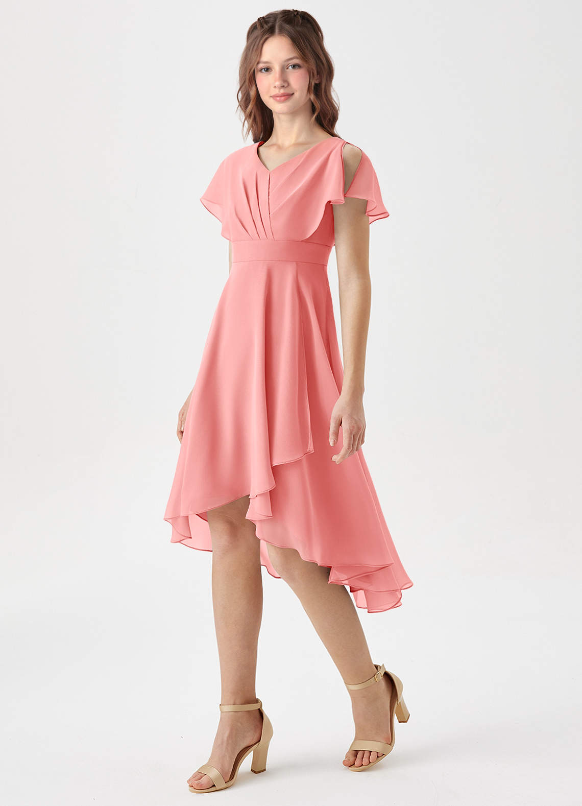 Azazie Graciela Junior Coral A-Line Pleated Chiffon Dress image1
