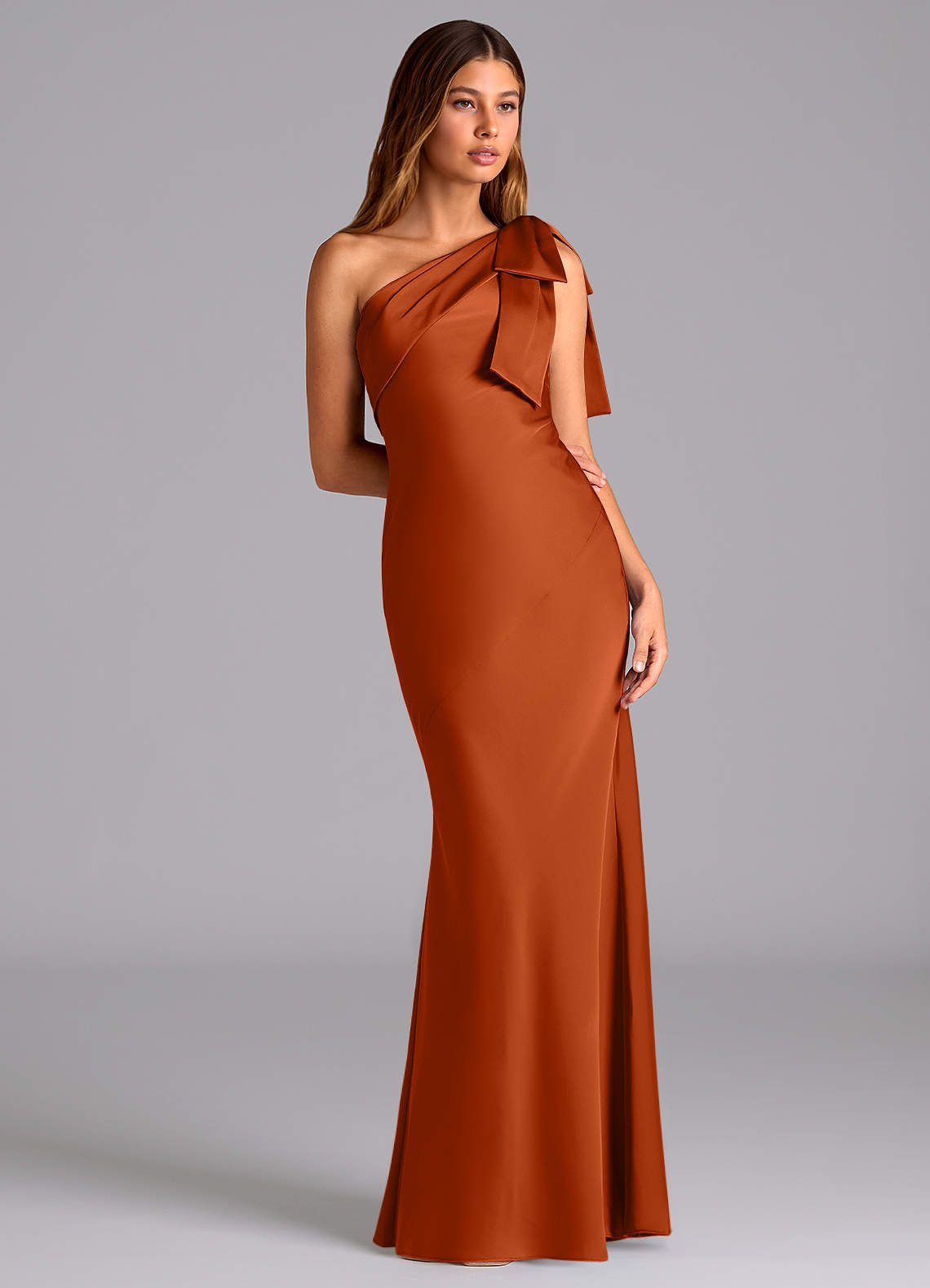 Azazie Yuanna Bridesmaid Dresses Burnt Orange Mermaid One Shoulder Stretch Satin Dress image4