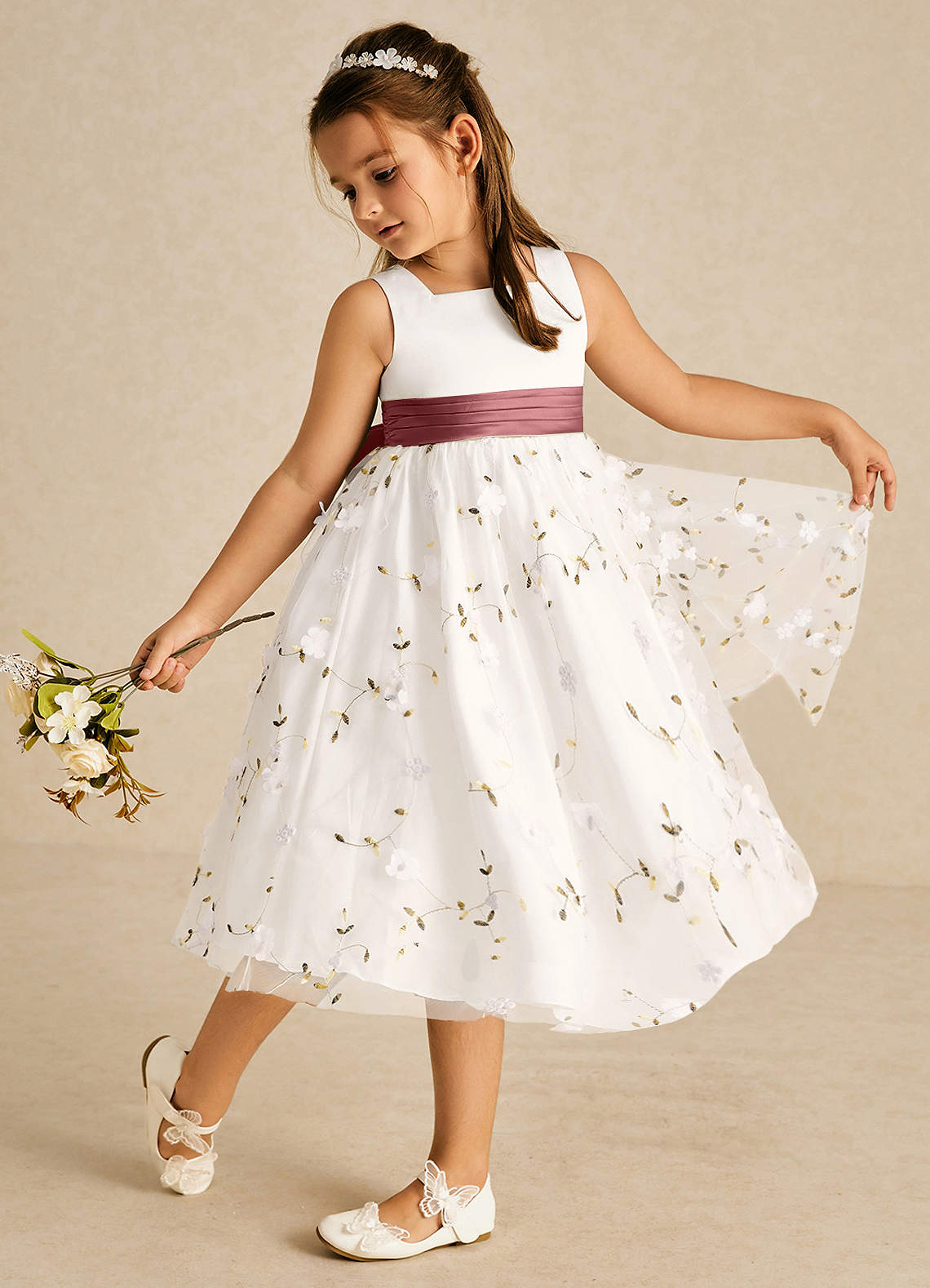 Azazie Pollie vestidos de niña de las flores Vestido de Marfil Amatista de Tul de Corte En A con Lazo image1