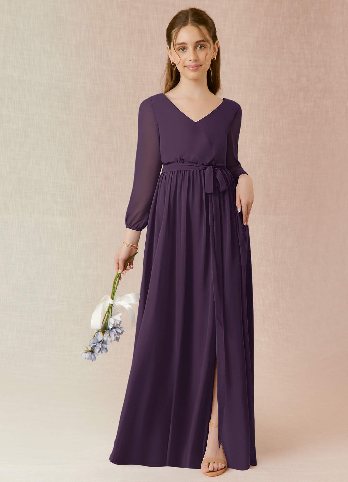 Azazie Angelica Junior Plum A-Line Pleated Chiffon Dress image1