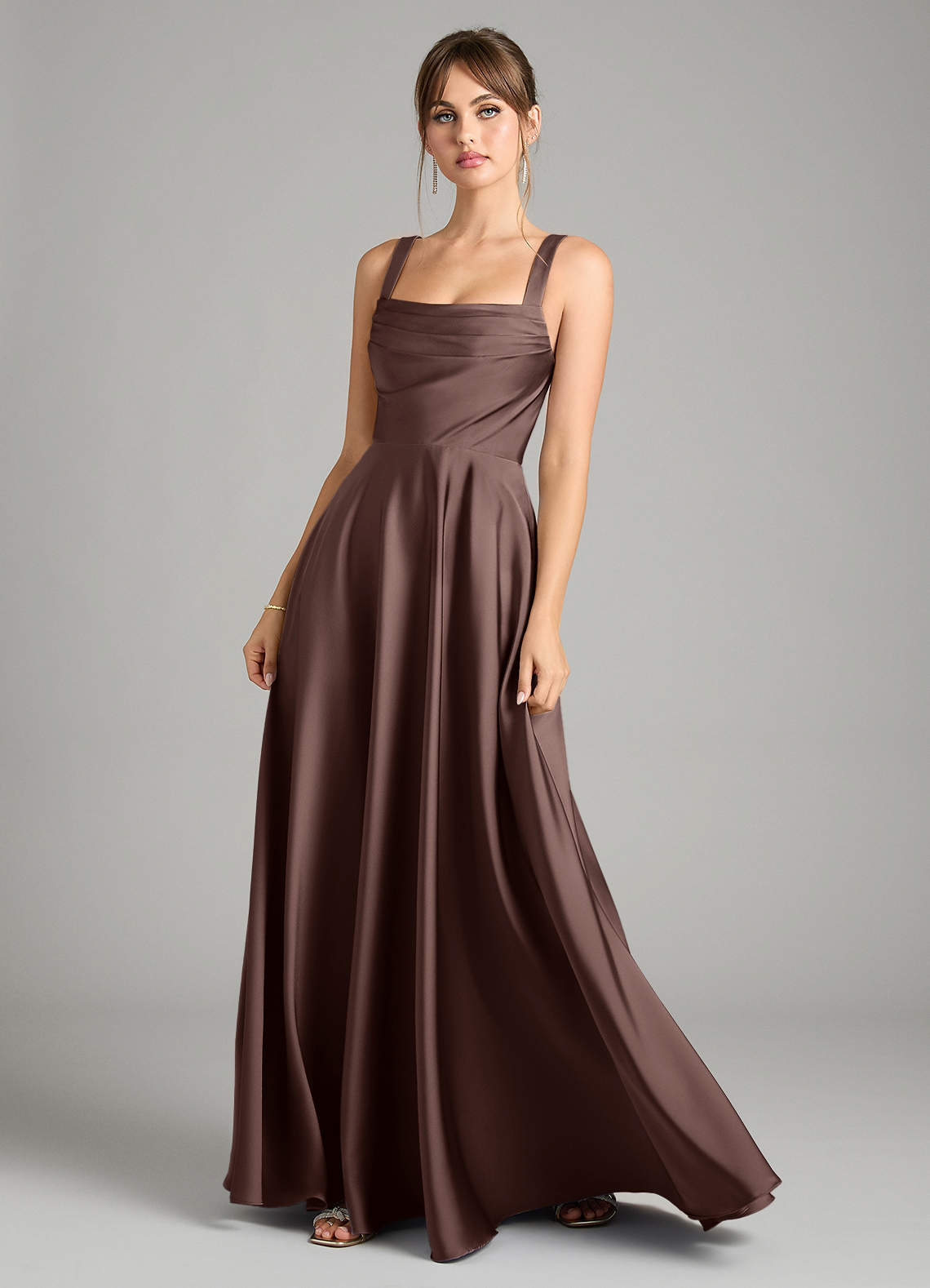 Azazie Shaude Bridesmaid Dresses Ganache A-Line Pleated Stretch Satin Dress image1
