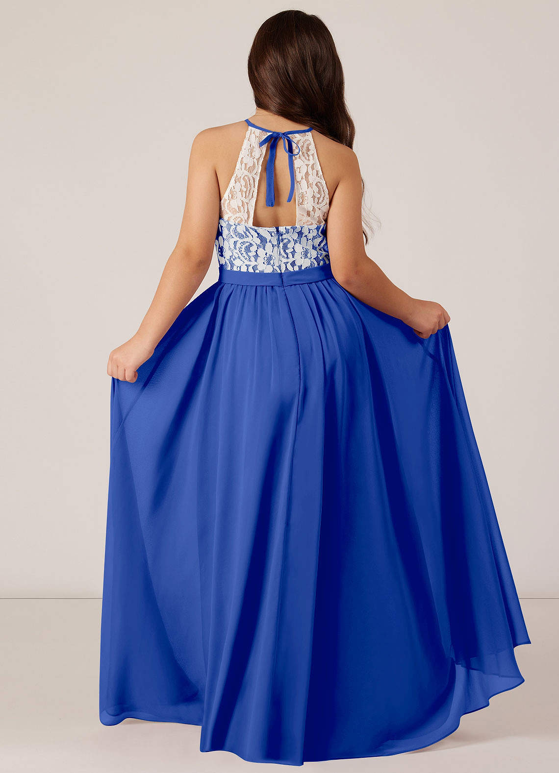 Azazie Fahari Junior Vestido de Azul Real de Gasa de Corte en A con Encaje image1