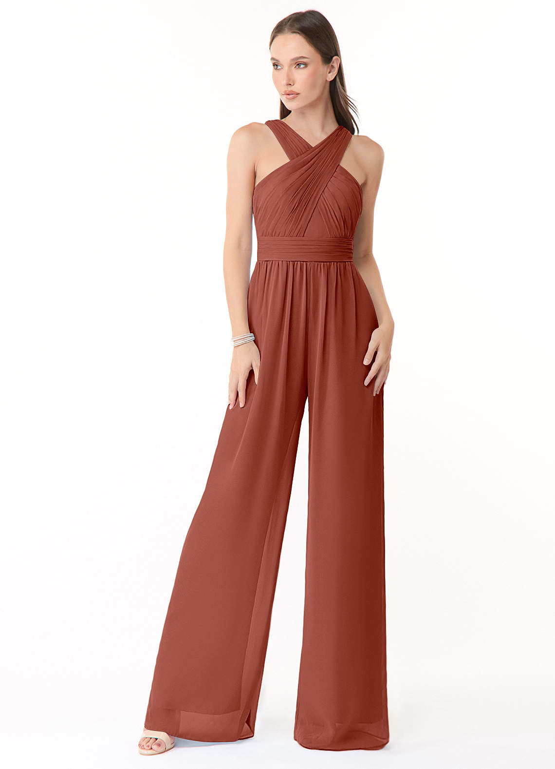 Azazie Berdie Abiti da Damigella Tuta in Chiffon con Scollo Halter Auburn image1