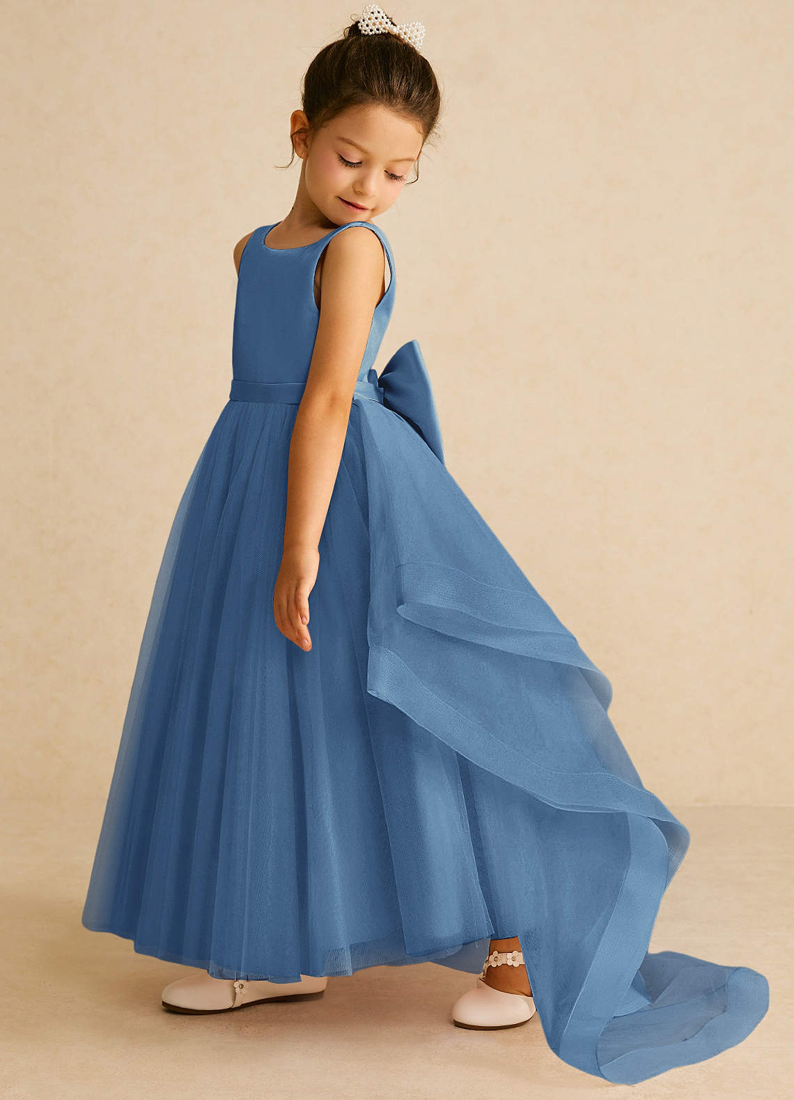 Azazie Pumpkin Flower Girl Dresses Steel Blue A-Line Bow Tulle Dress image3