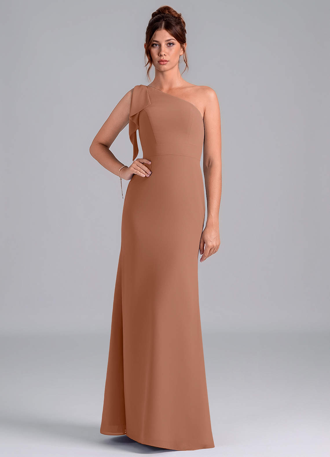 Azazie Rinna Bridesmaid Dresses Bronzer Mermaid One Shoulder Chiffon Dress image1