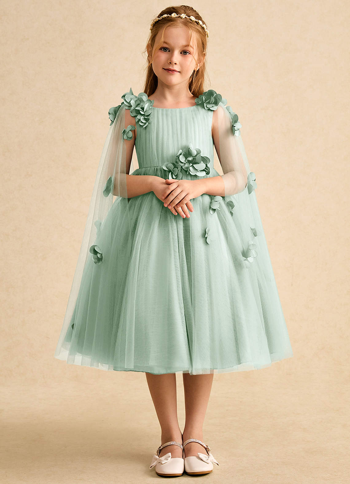 Azazie Staria Blumenmädchenkleider Ballkleid Gestreift Tüll Kleid Agave image1