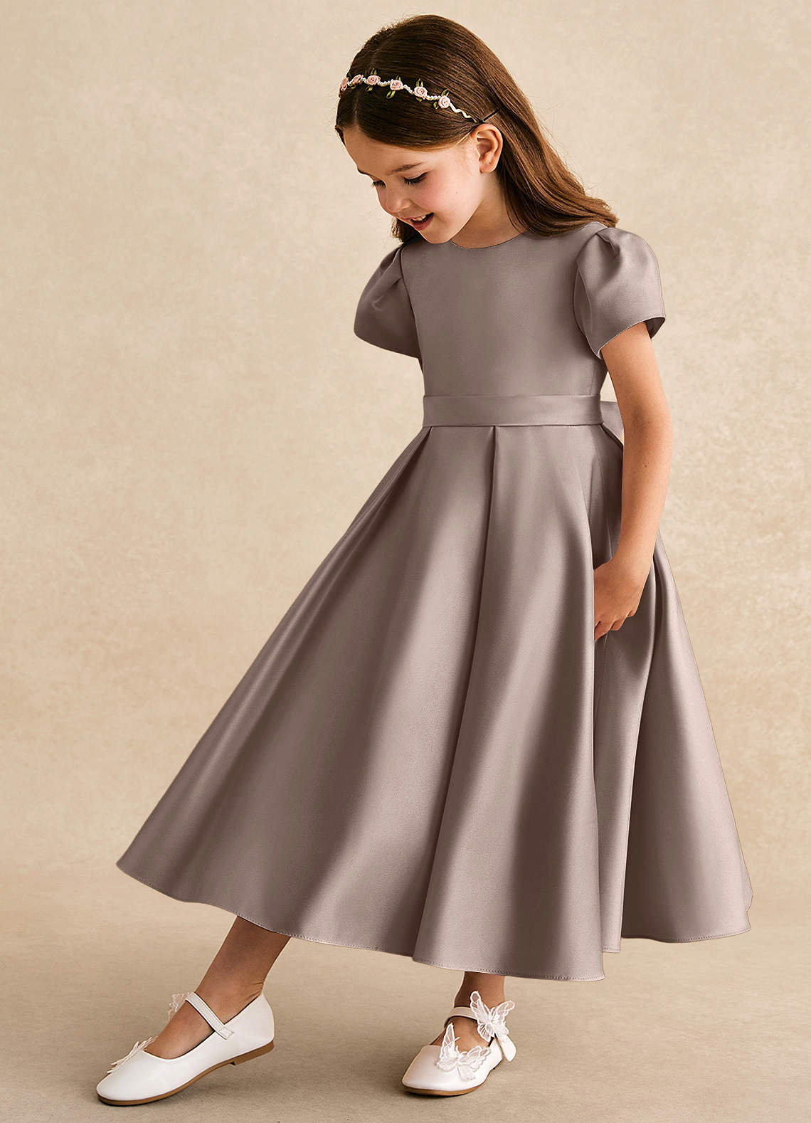 Azazie Princess Flower Girl Dresses Taupe A-Line Pleated Matte Satin Dress image1