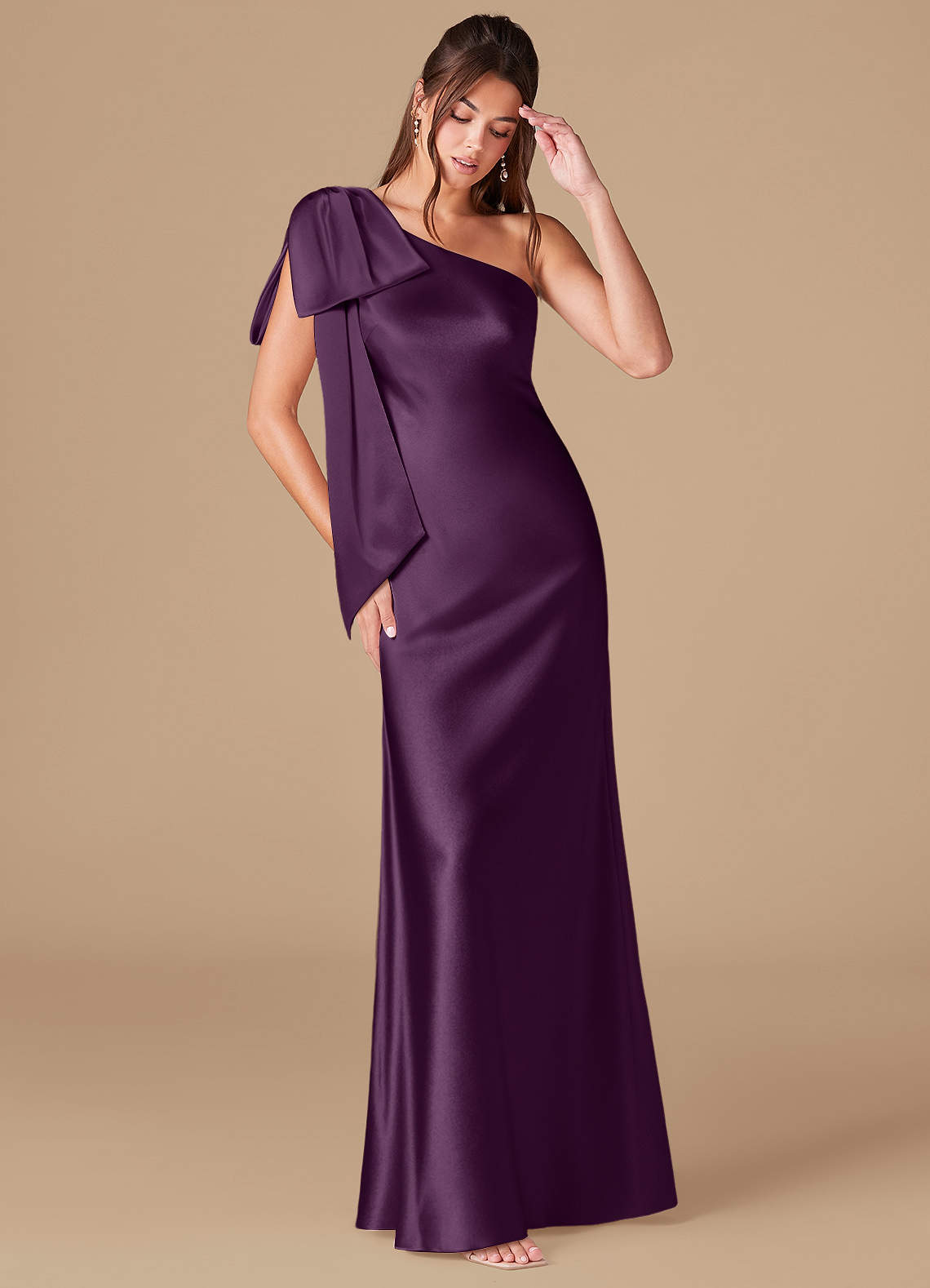 Azazie Capri Bridesmaid Dresses Plum Sheath One Shoulder Metallic Satin Dress image1