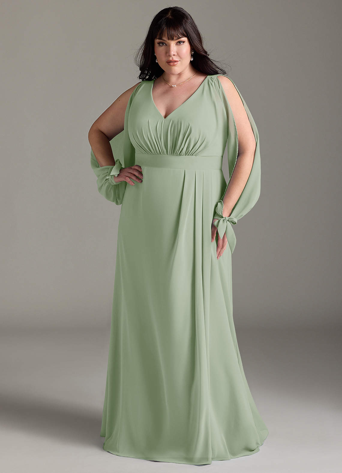 Azazie Matilda Bridesmaid Dresses Dusty Sage A-Line Long Sleeve Chiffon Dress image1