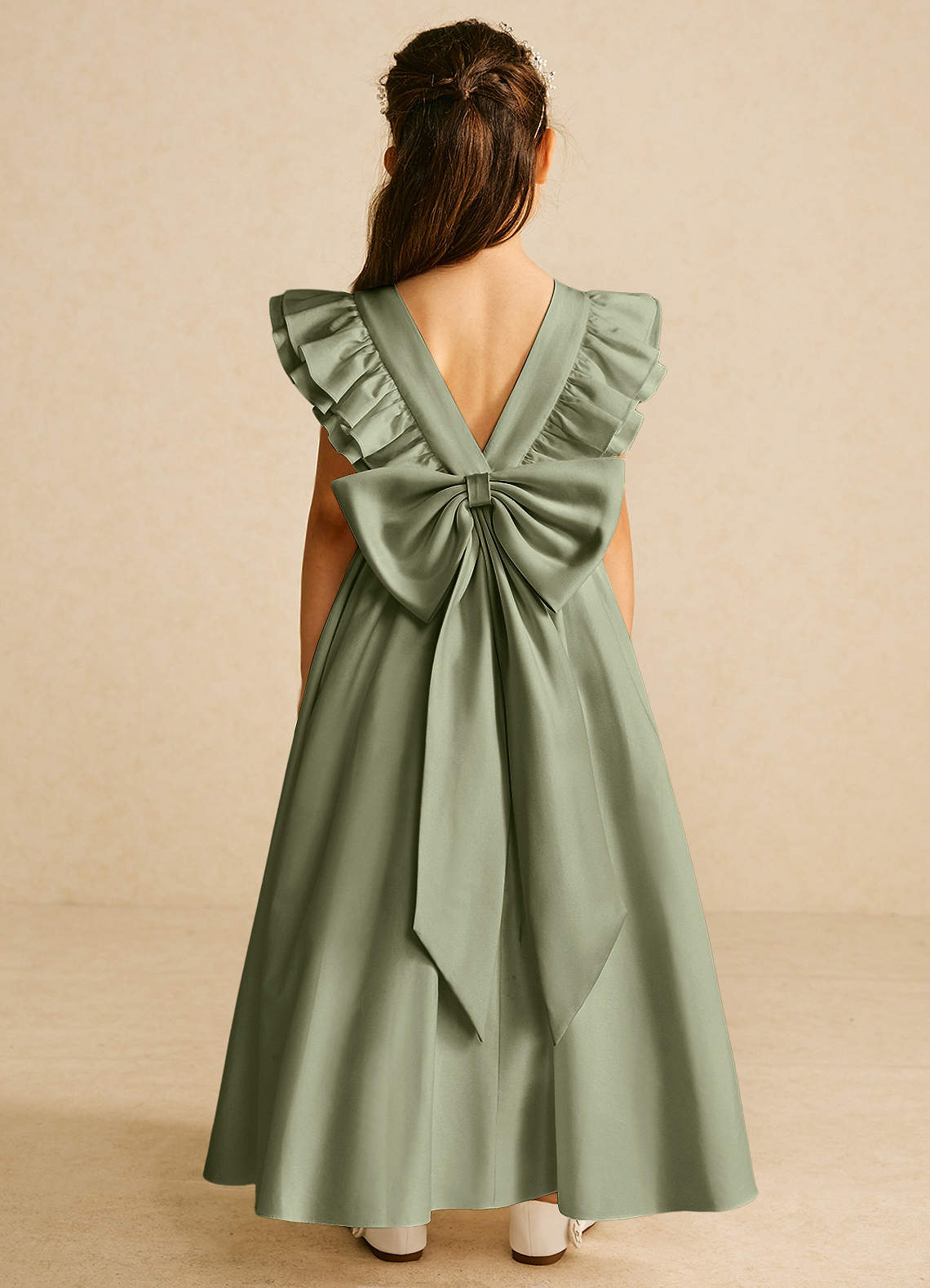 Azazie Piglette Flower Girl Dresses Pistachio A-Line Bow Matte Satin Dress image1
