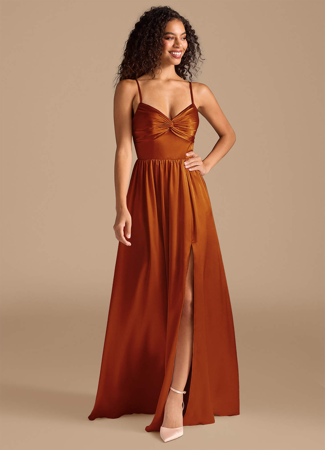 Azazie Zeya Bridesmaid Dresses Auburn A-Line Pleated Metallic Satin Dress image1