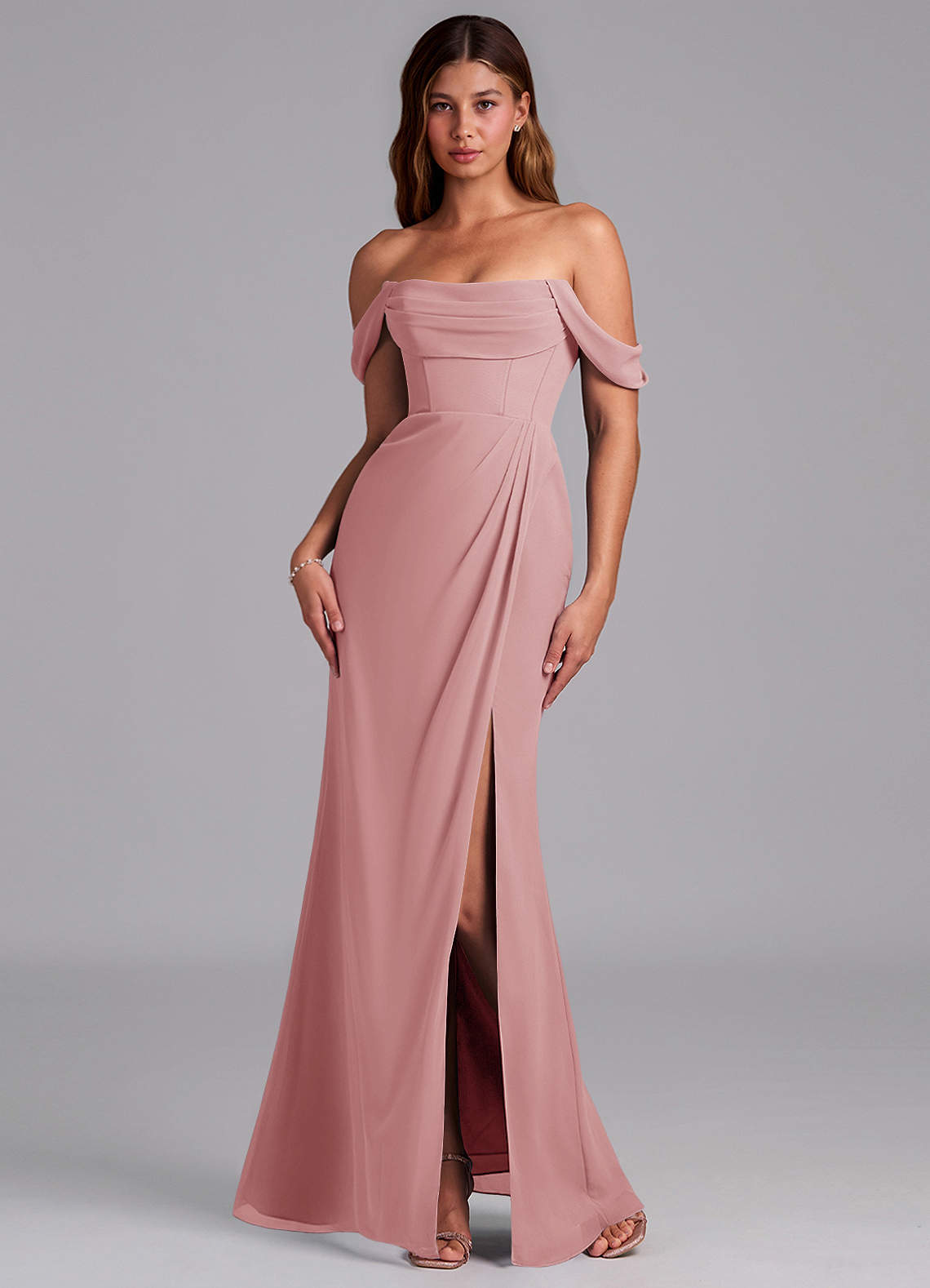 Azazie Johana Vestidos de damas de honor Vestido de Rosa Polvorienta de Gasa de Corte Sirena Convertible con Vestidos sin tirantes image6