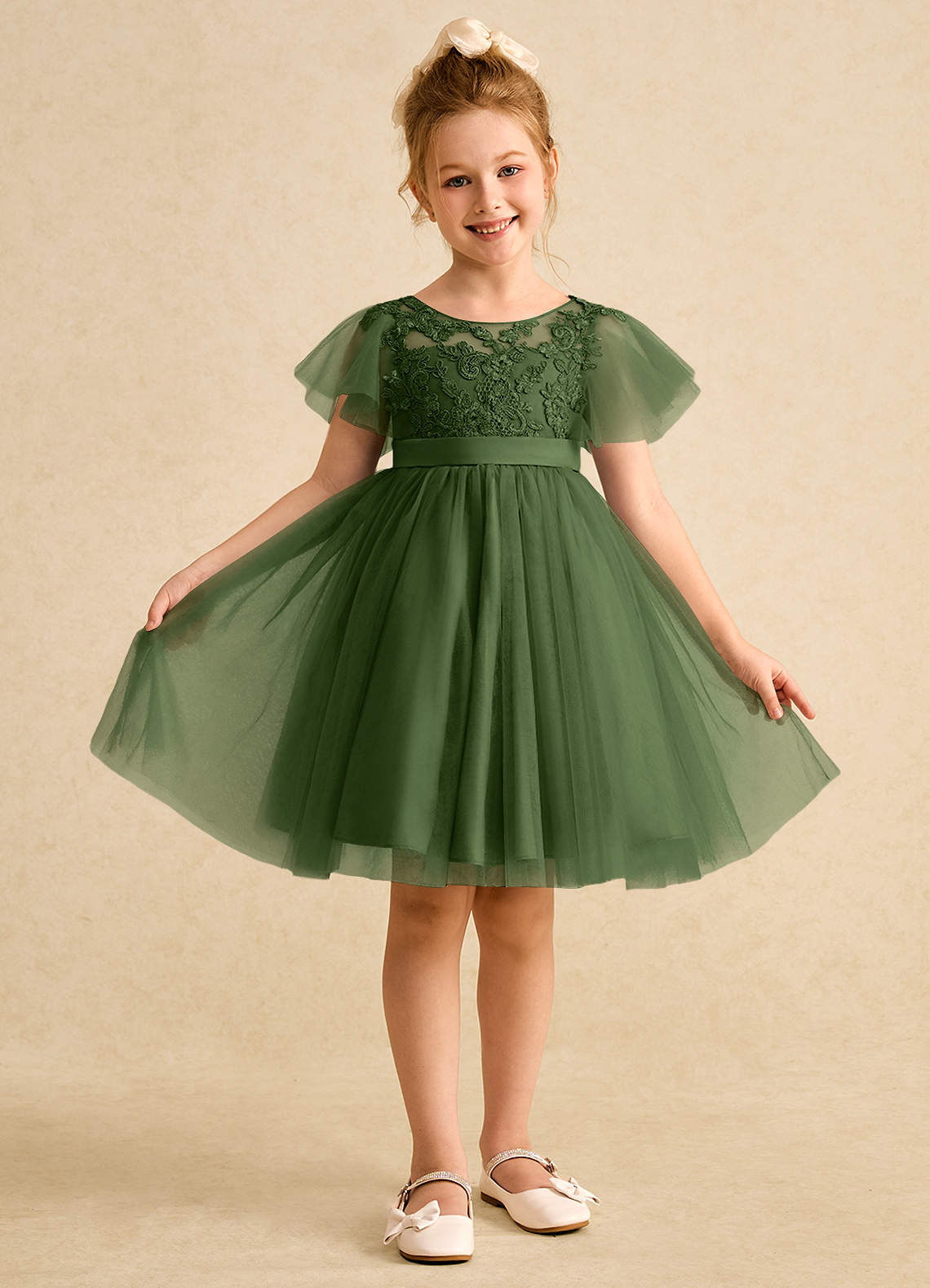 Azazie Queenie Robe Demoiselle D'honneur Fillette Robe Trapèze en Dentelle Olive image1